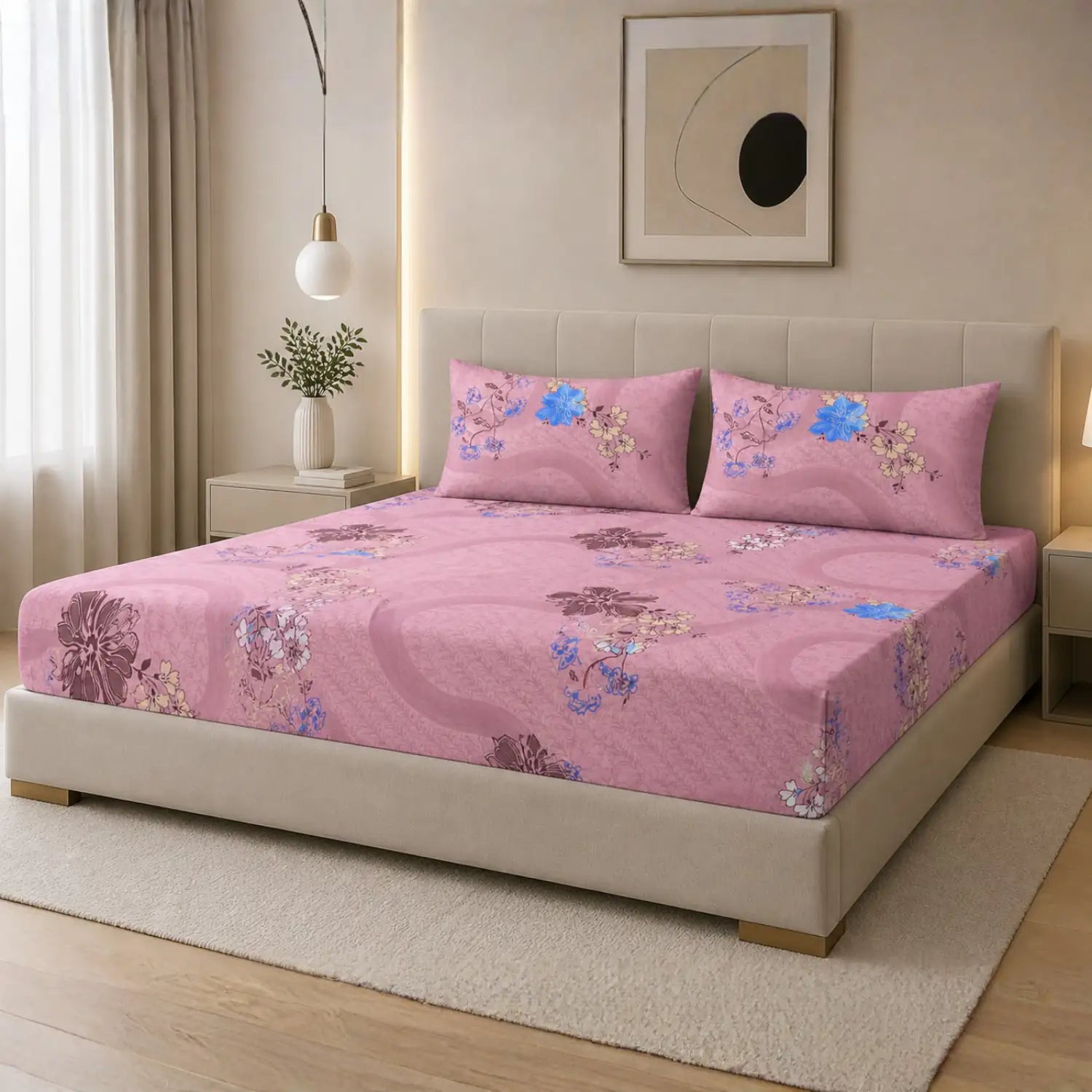 Nivra Double Bed Pink Floral Bedsheet Set – Soft & Comfortable