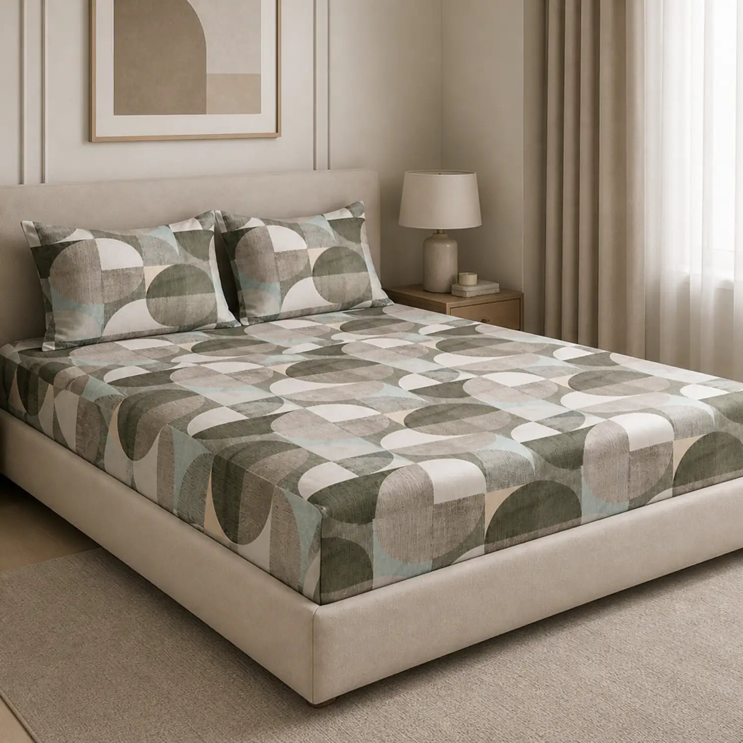 Komfy Geometric Printed Double Bedsheet with 2 Pillow Covers