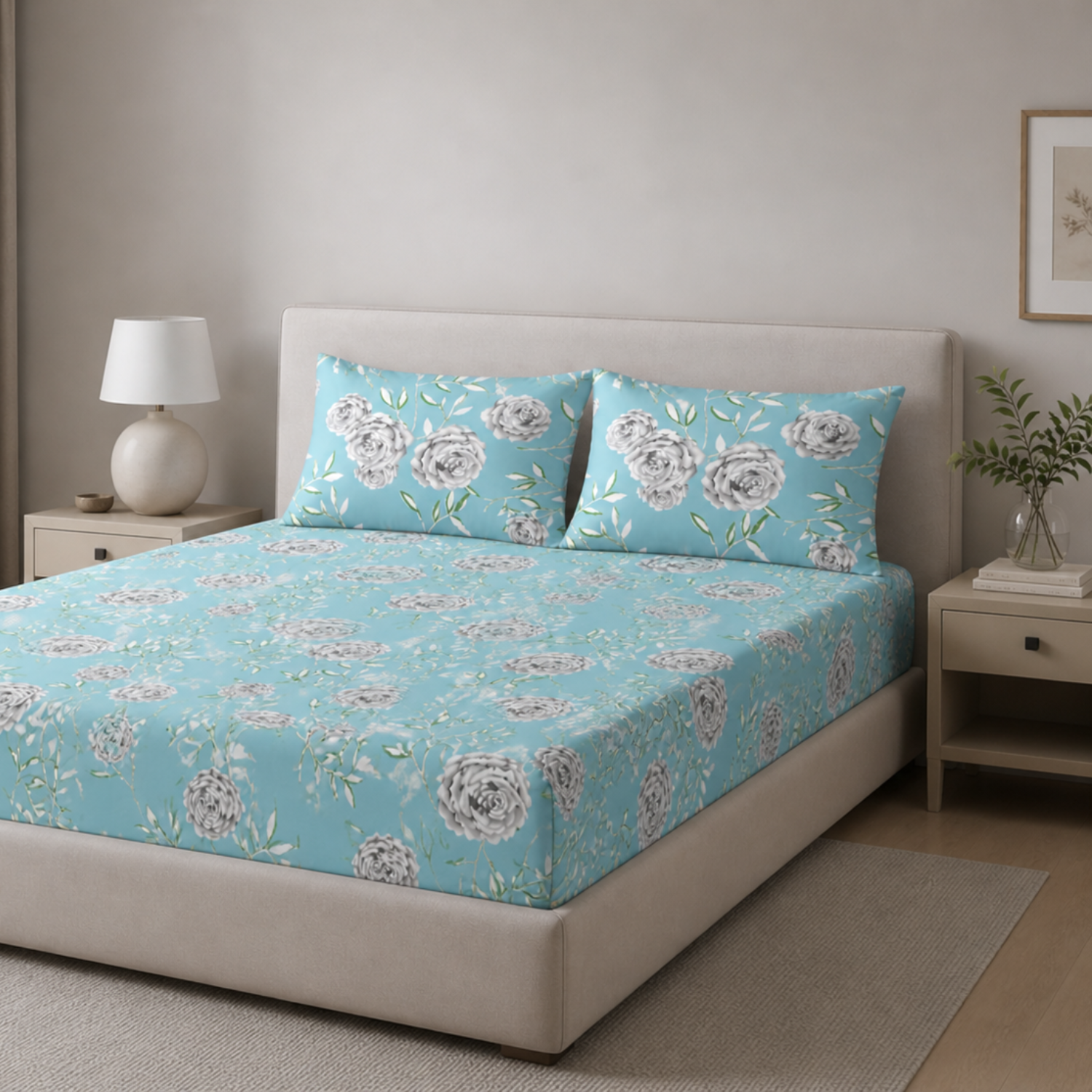 Komfy Premium Floral Printed Double Bedsheet with 2 Pillow Covers – Sky Blue Rose Design