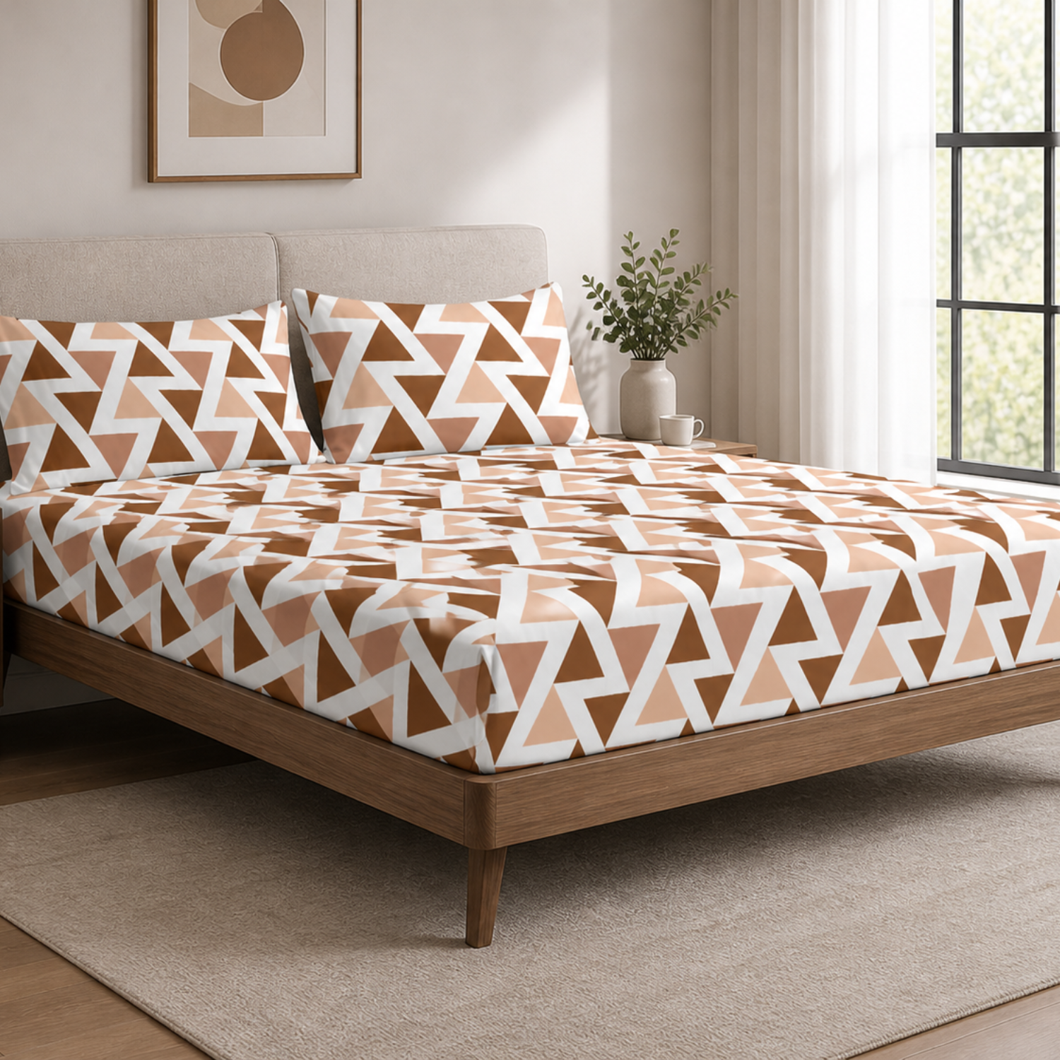 Aroha Brown Geometric Printed Double Bedsheet with 2 Pillow Covers