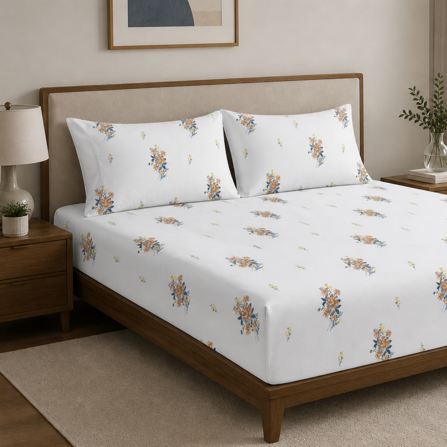 Sukoon Elegant Floral Printed Double Bedsheet with 2 Pillow Covers – White & Beige Floral Design