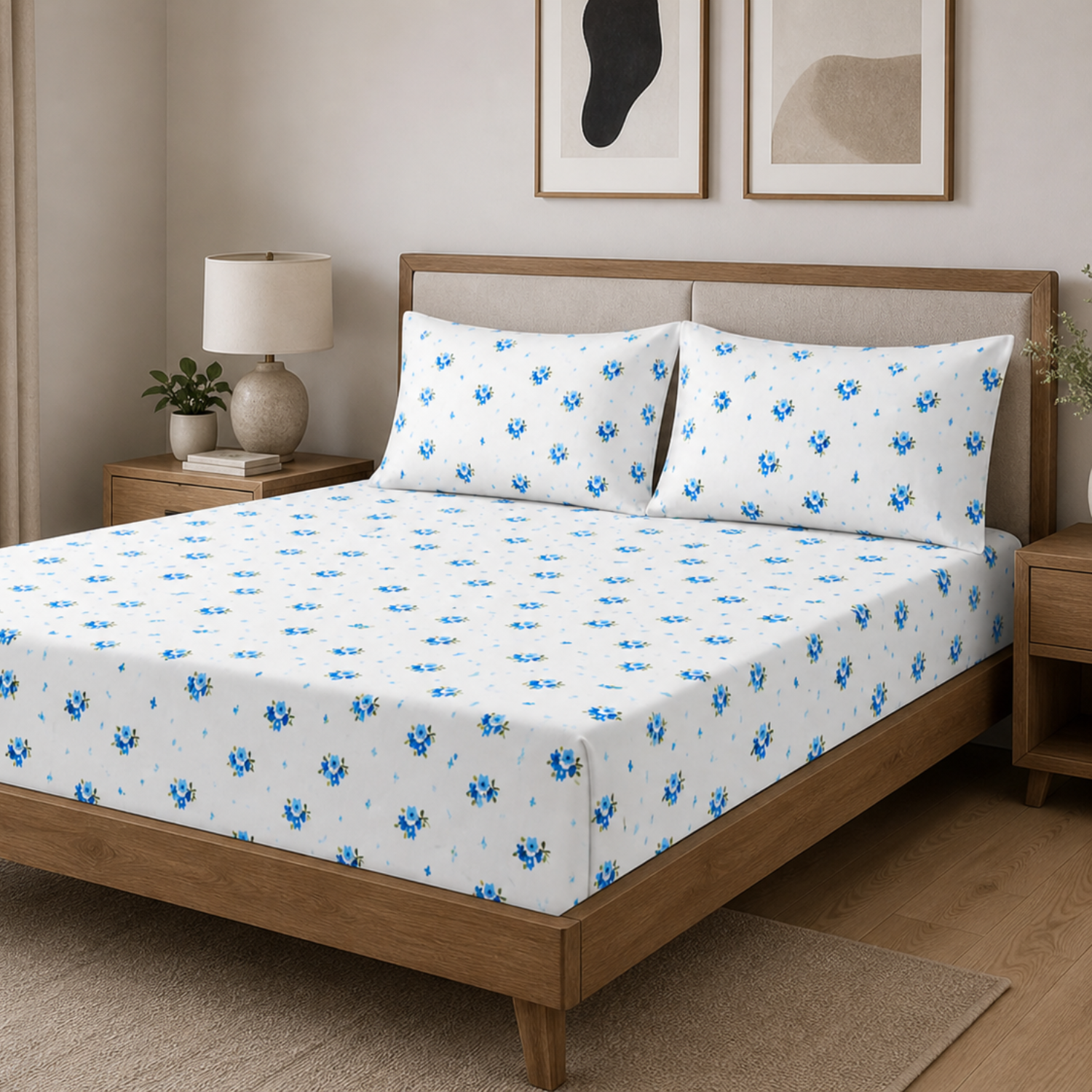 Sukoon Blue Floral Printed Double Bedsheet with 2 Pillow Covers