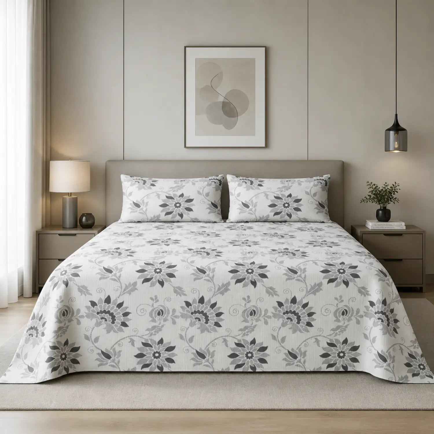Nivra Grey Floral Printed Double Bedsheet with 2 Pillow Covers – Elegant Monochrome Design