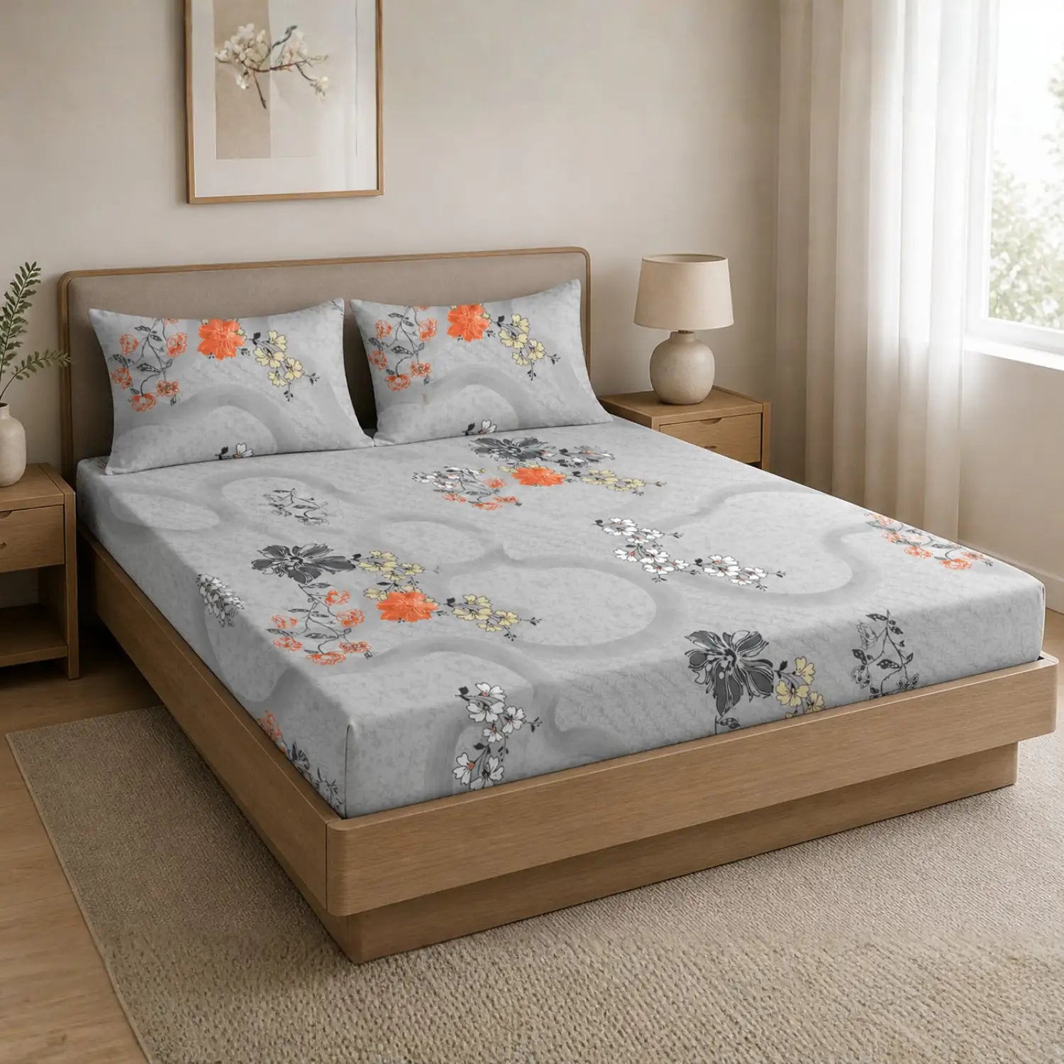 Nivra Grey Floral Printed 100% Cotton Double Bedsheet with 2 Pillow Covers