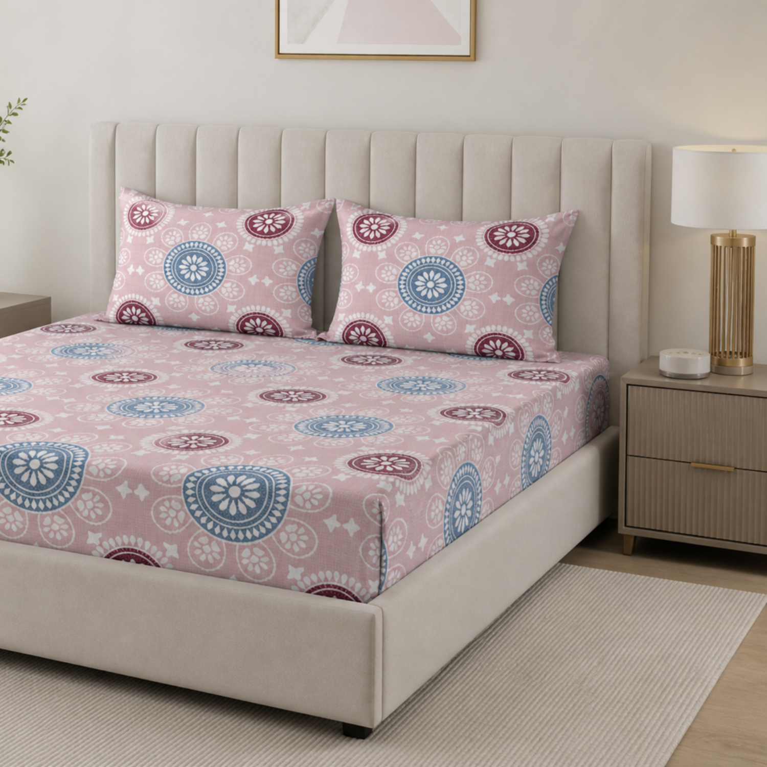Komfy Pink Mandala Printed Double Bedsheet with Pillow Covers