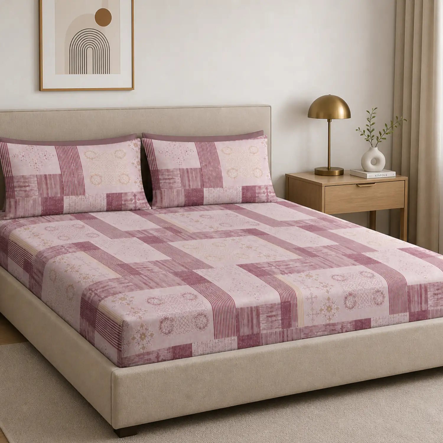Nivra Pink Geometric Printed Double Bedsheet with 2 Pillow Covers – Modern Patchwork Design