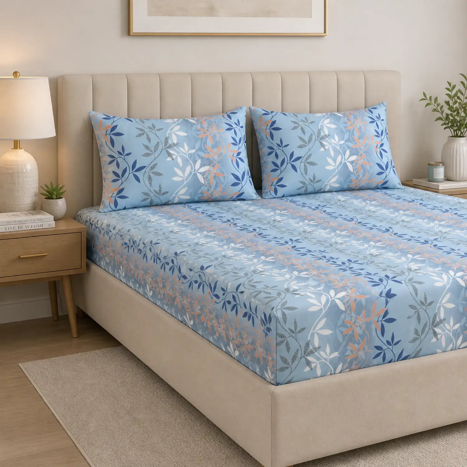 Aroha Sky Blue Leaf Printed Double Bedsheet with 2 Pillow Covers