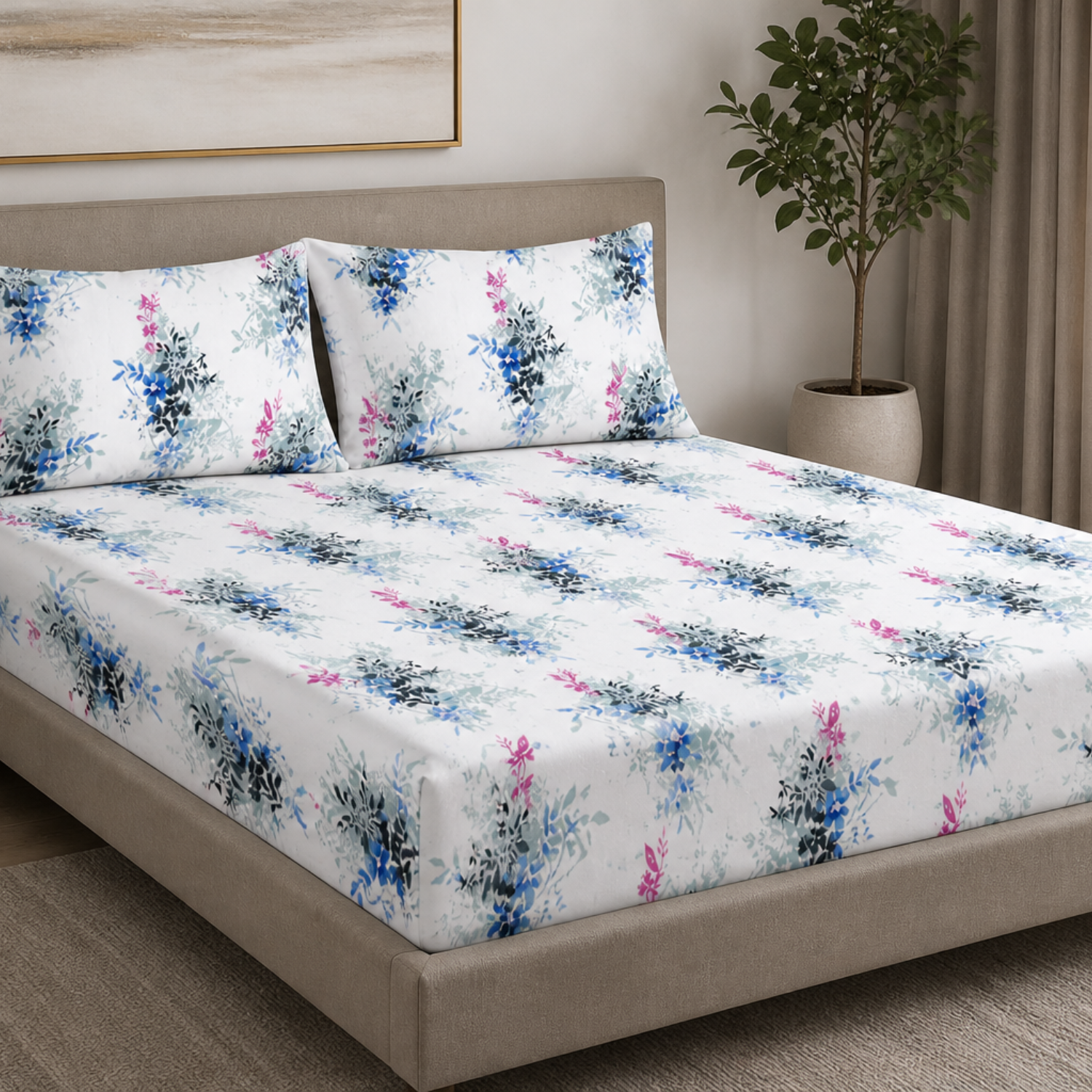 Sukoon Blue Floral Double Bedsheet with 2 Pillow Covers – Soft Cotton Blend Bedding Set