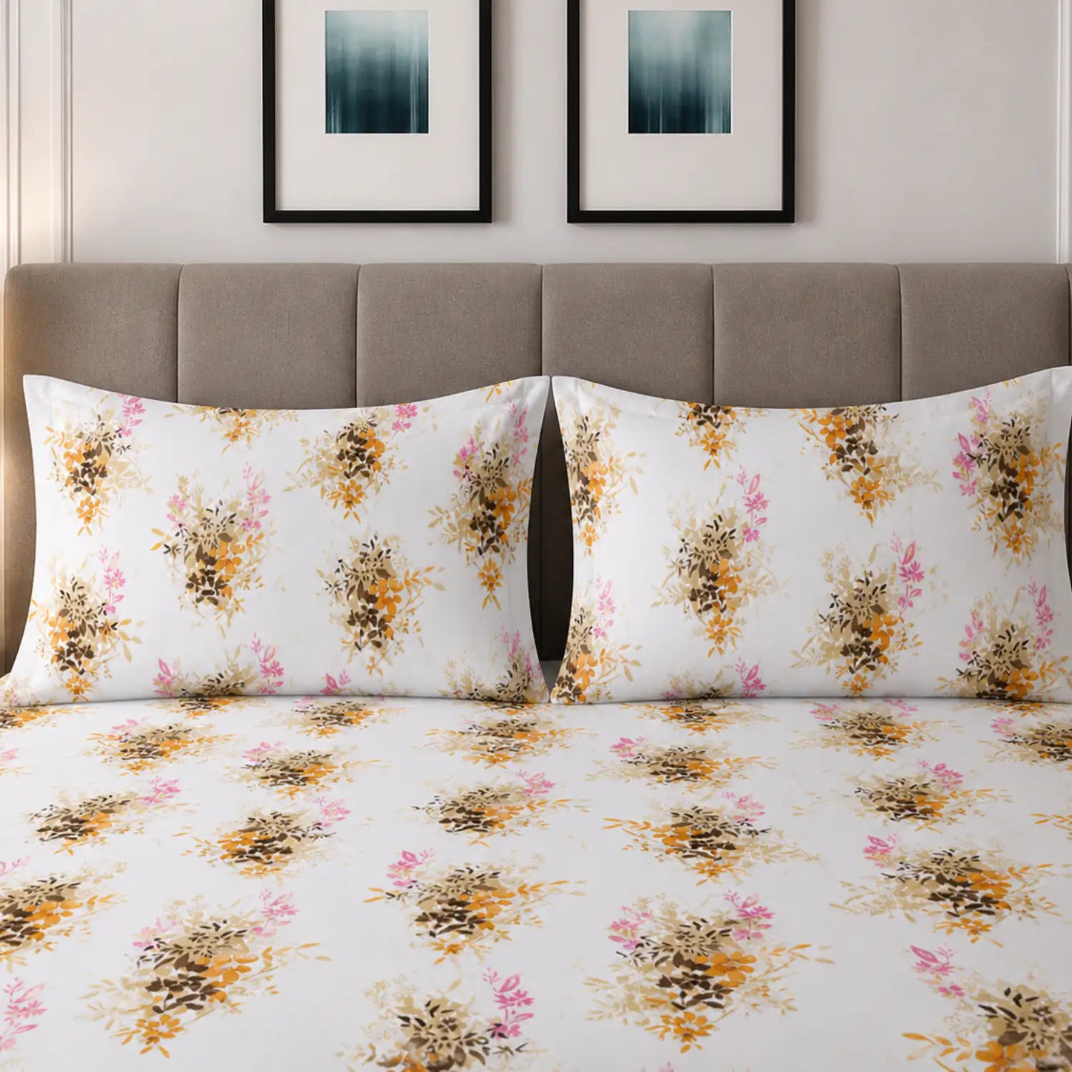 Sukoon White Floral Printed Double Bedsheet with 2 Pillow Covers – Elegant Contemporary Design