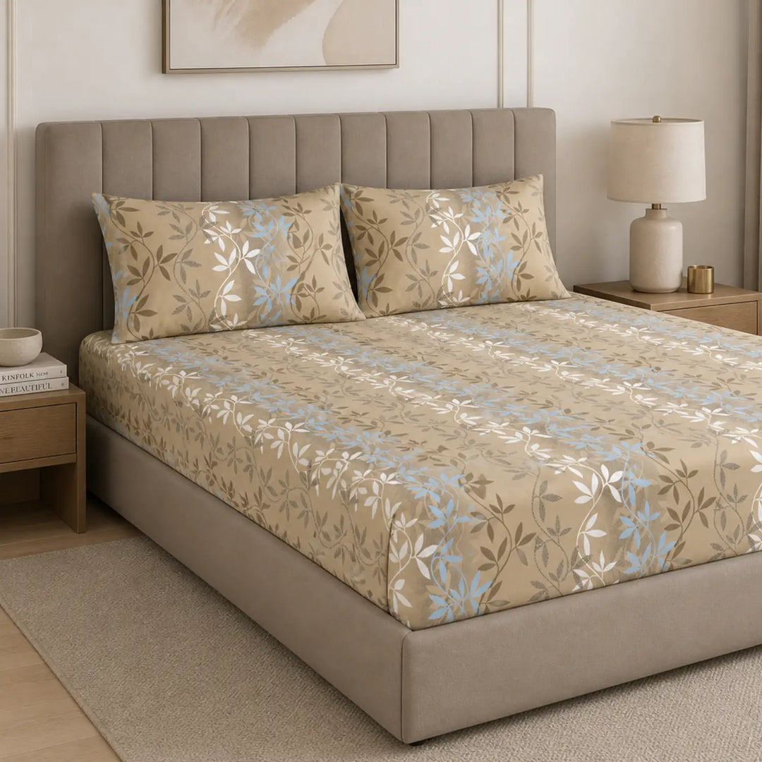 Aroha Beige Leaf Printed Double Bedsheet with 2 Pillow Covers