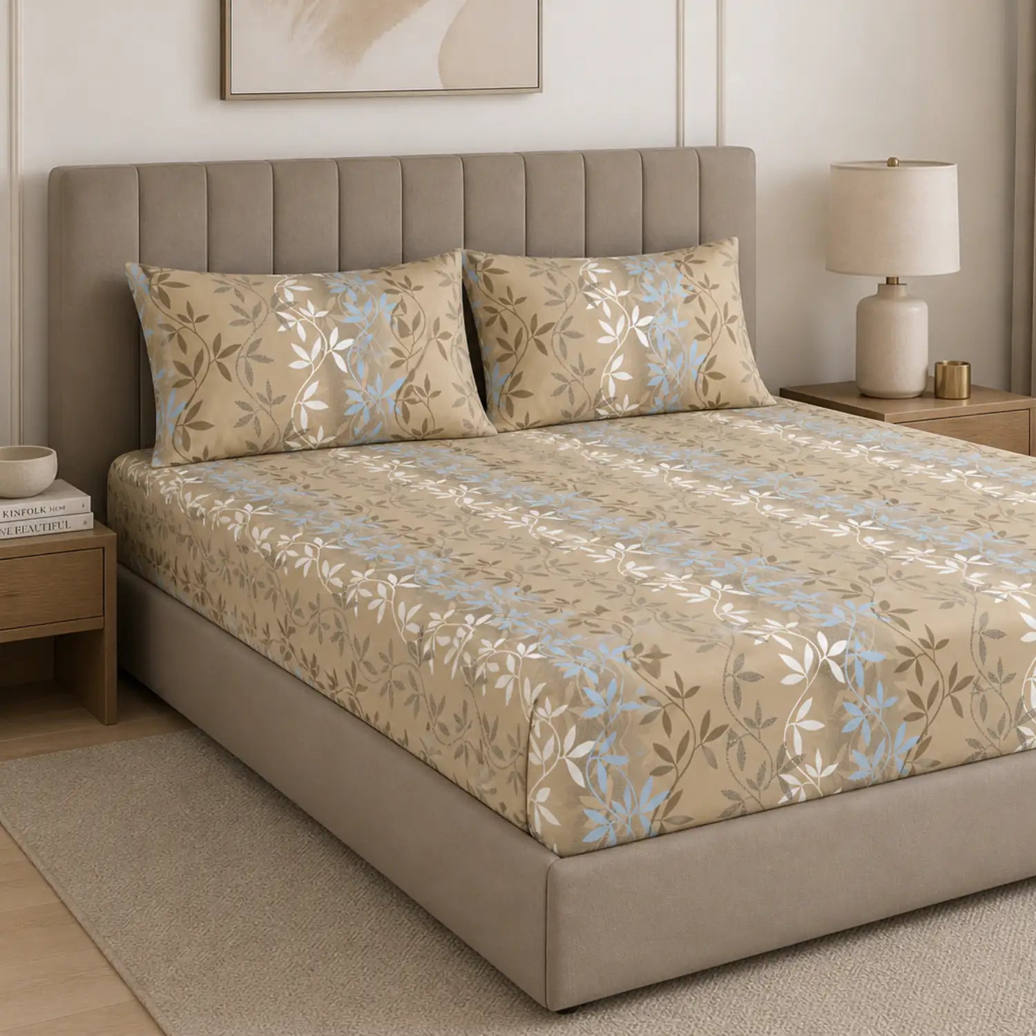 Aroha Beige Leaf Printed Double Bedsheet with 2 Pillow Covers