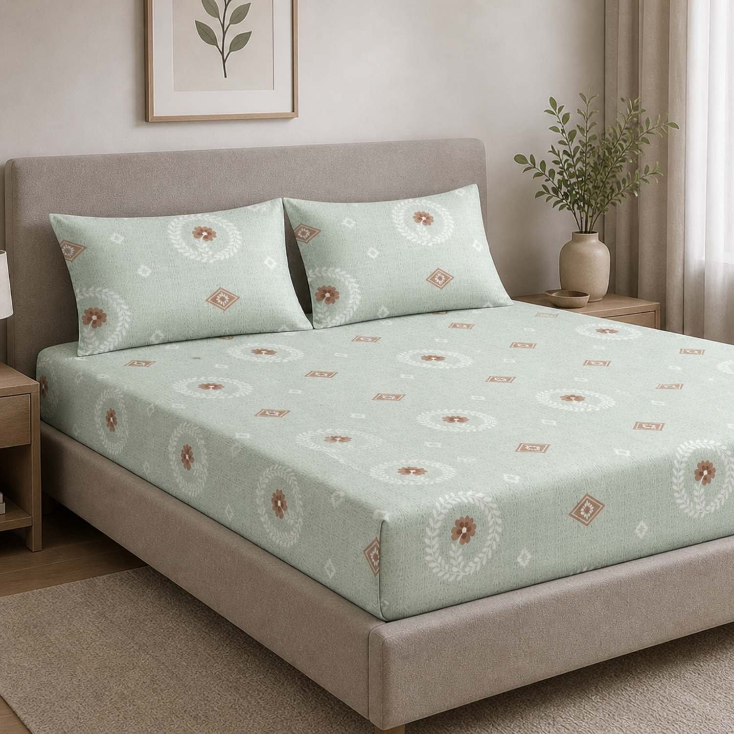 Komfy Elegant Mint Green Floral Printed Double Bedsheet with Pillow Covers