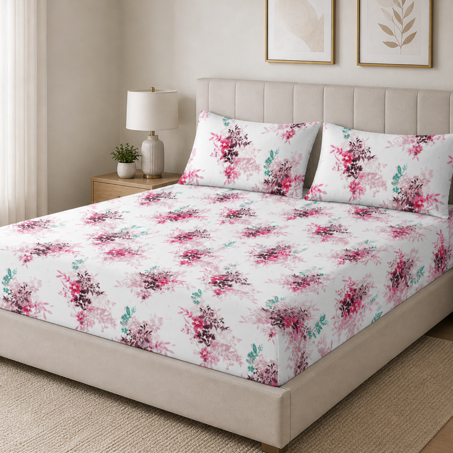 Sukoon Elegant Pink Floral Double Bedsheet with 2 Pillow Covers – Soft Cotton Blend Bedding Set