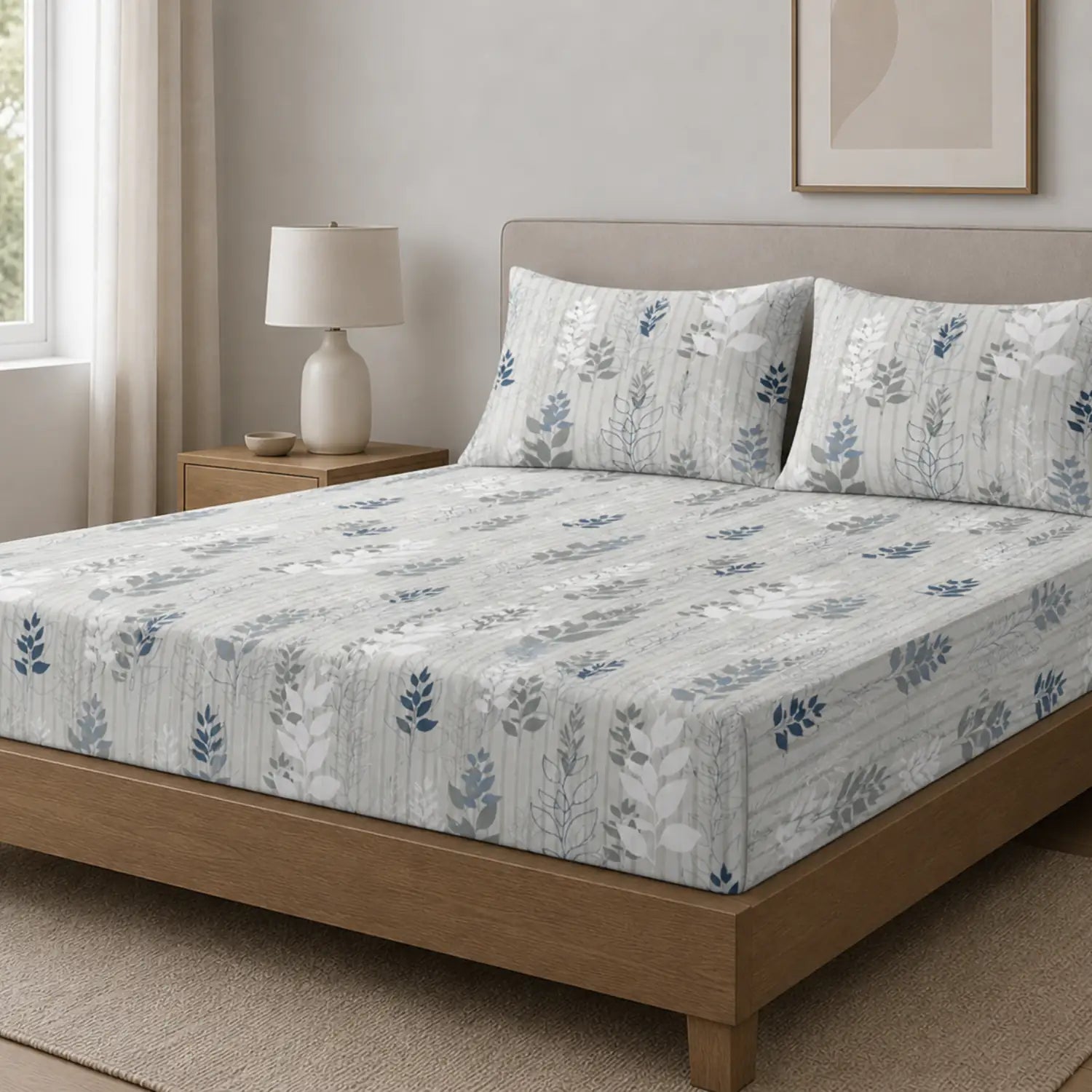 Nivra Lavender Floral Printed Double Bedsheet with 2 Pillow Covers – Elegant Leaf Pattern