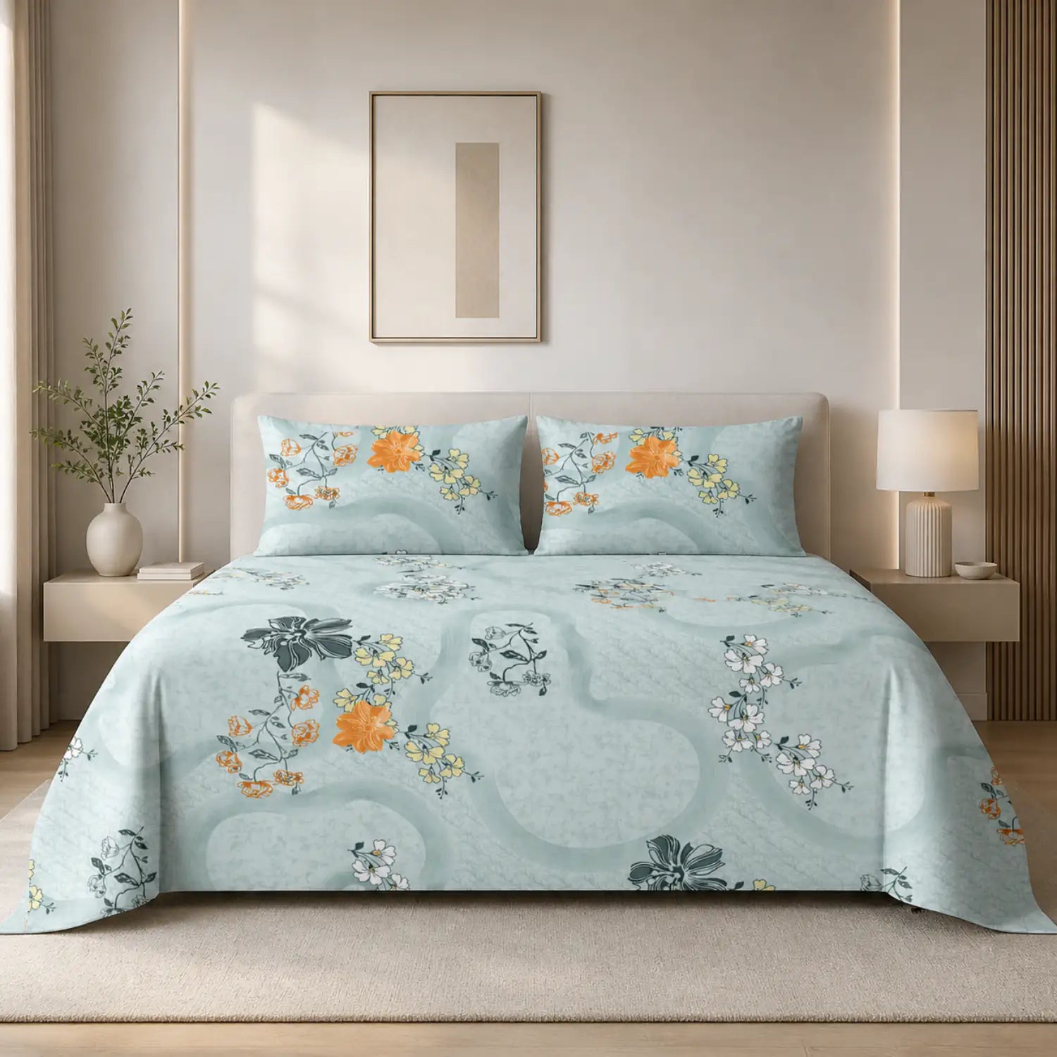 Nivra Mint Green Floral Printed 100% Cotton Double Bedsheet with 2 Pillow Covers