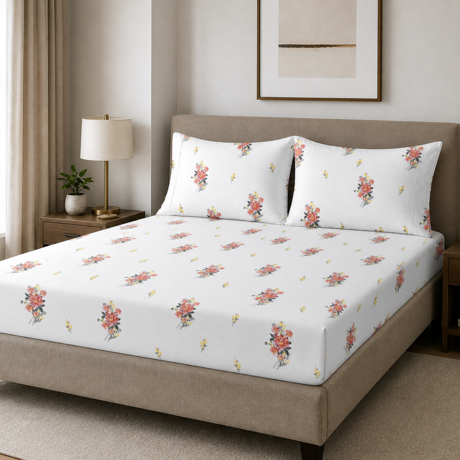 Sukoon Floral Printed Double Bedsheet with 2 Pillow Covers – Soft & Elegant White Base Design