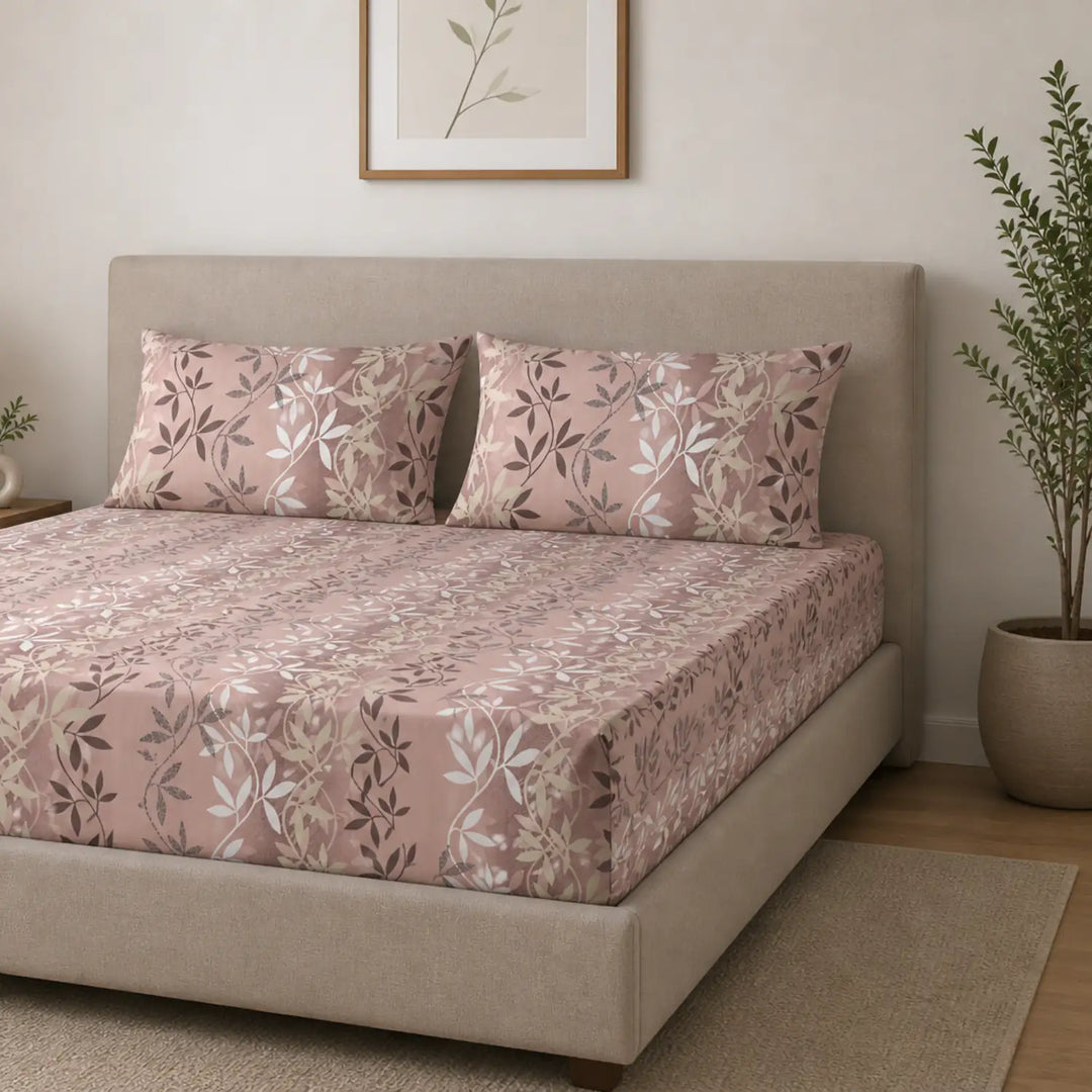 Aroha Pink Floral Double Bedsheet with Pillow Covers | Soft Cotton Printed Bedsheet