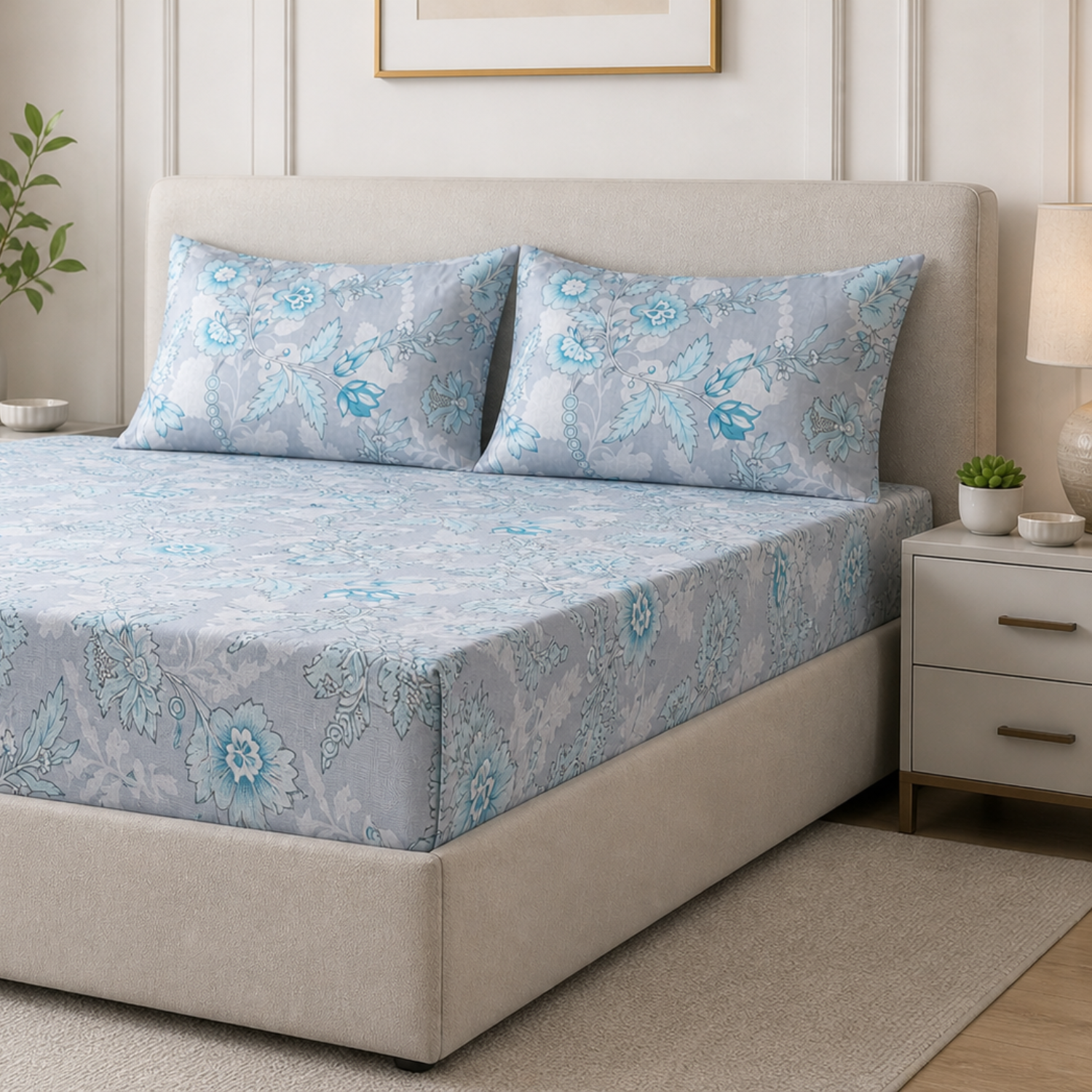 Aroha Grey Blue Floral Printed Double Bedsheet with 2 Pillow Covers