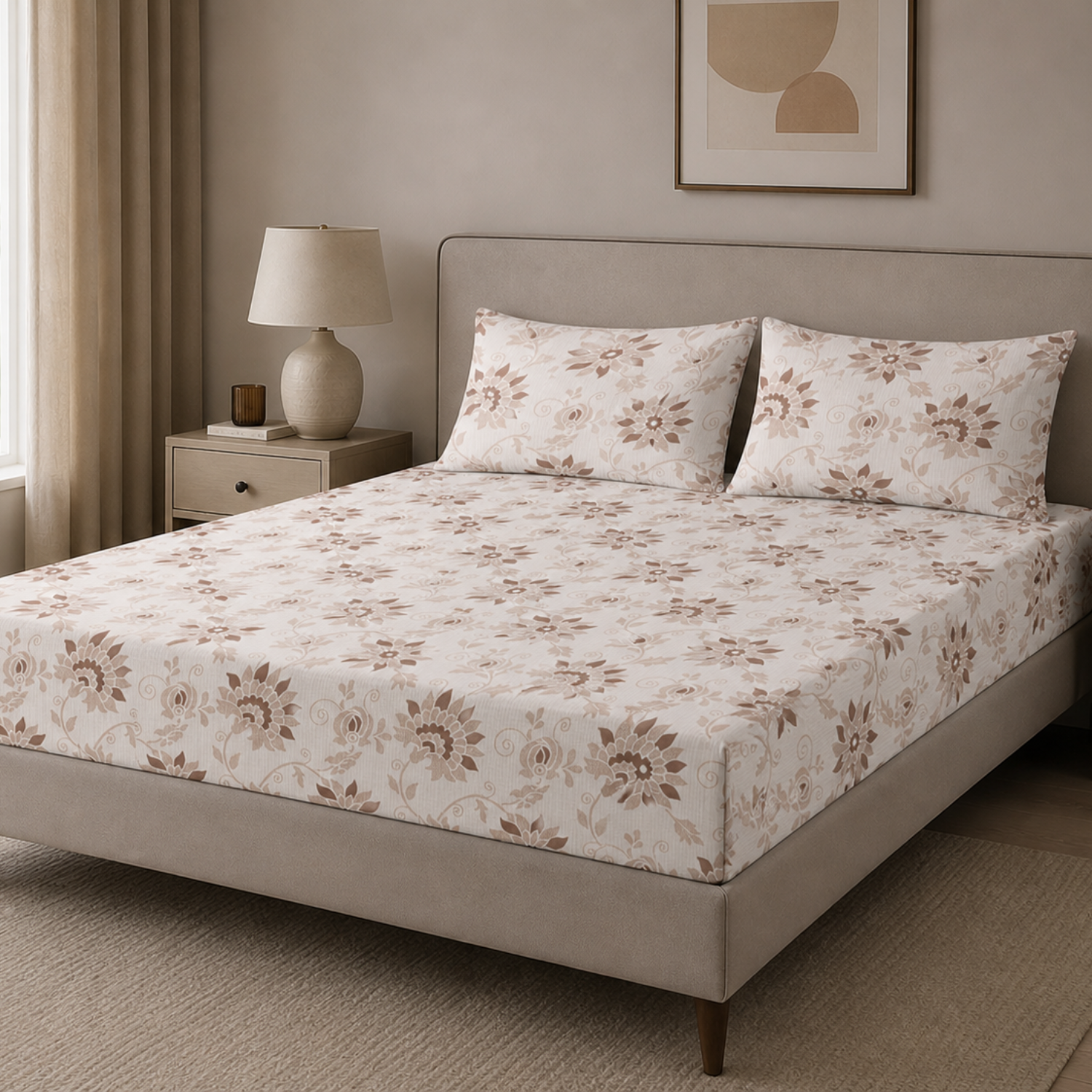 Nivra Beige Floral Printed Double Bedsheet with 2 Pillow Covers – Elegant Classic Design