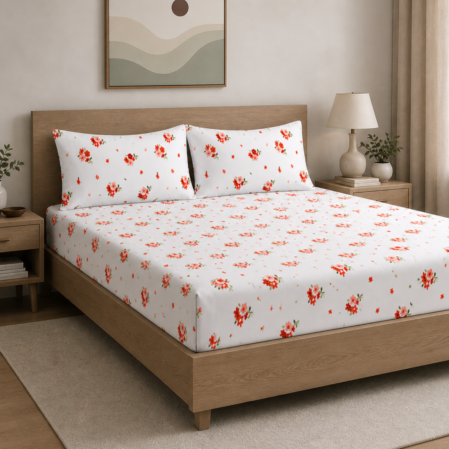 Sukoon Red Floral Printed Double Bedsheet with 2 Pillow Covers