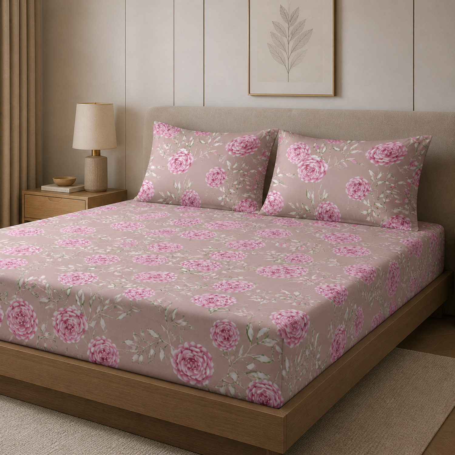 Komfy Premium Pink Rose Printed Double Bedsheet with 2 Pillow Covers – Elegant Floral Design