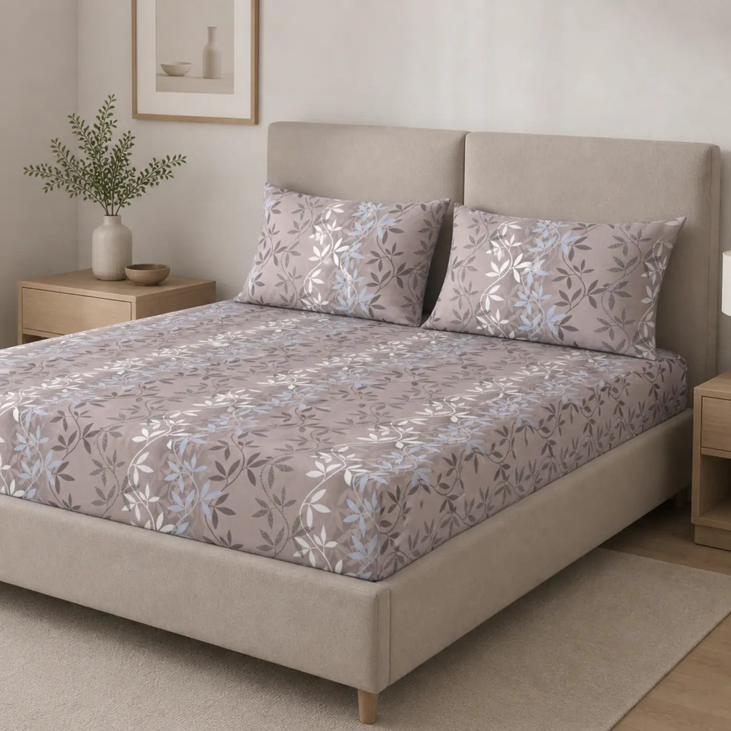 Aroha Mauve Leaf Printed Double Bedsheet with 2 Pillow Covers
