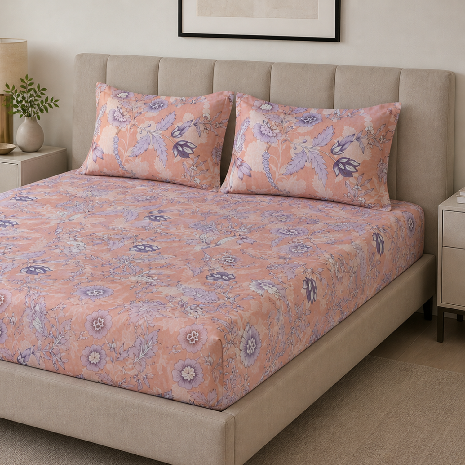 Aroha Peach Floral Printed Double Bedsheet with 2 Pillow Covers