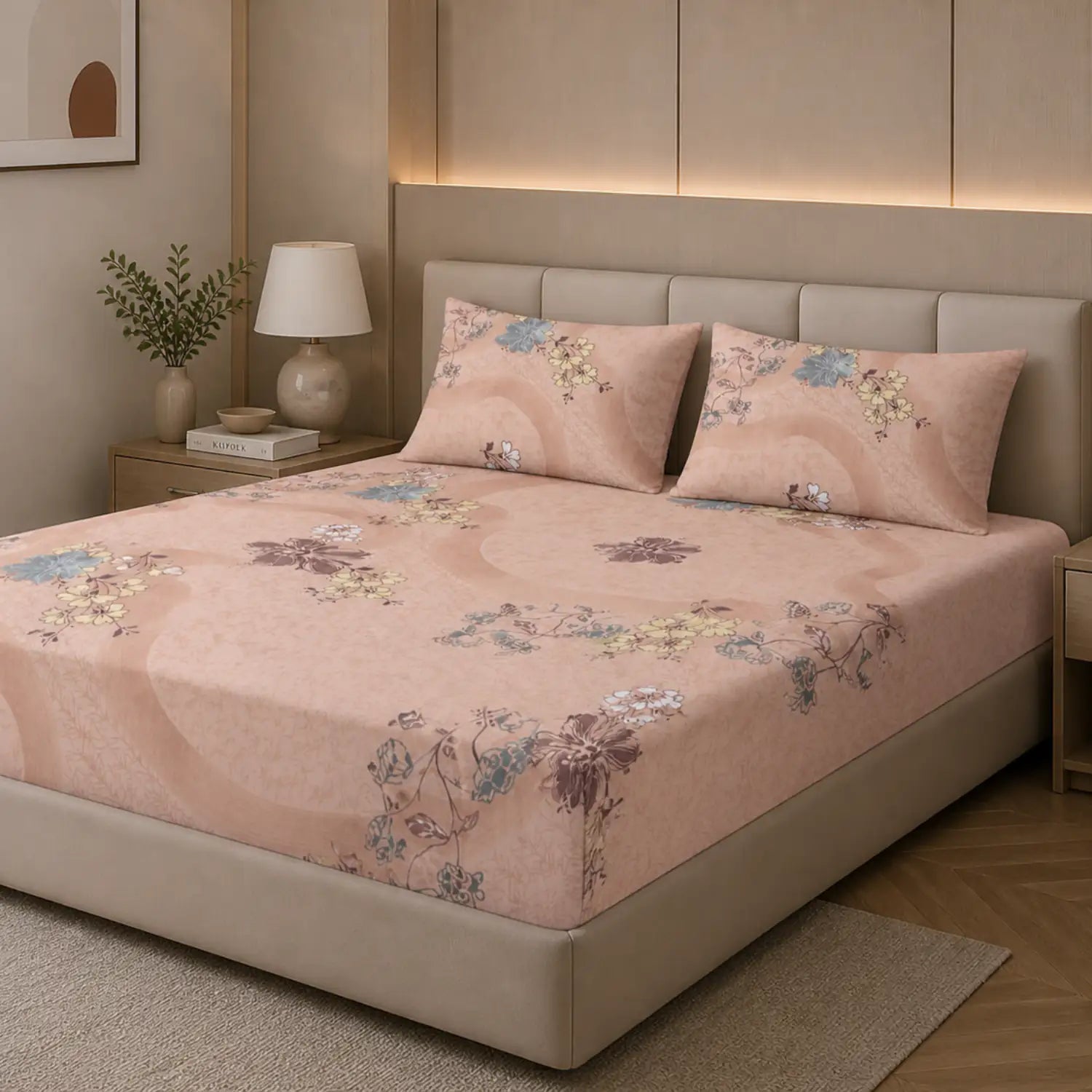 Nivra Blush Pink Floral Printed Double Bedsheet with 2 Pillow Covers – Soft Cotton Feel