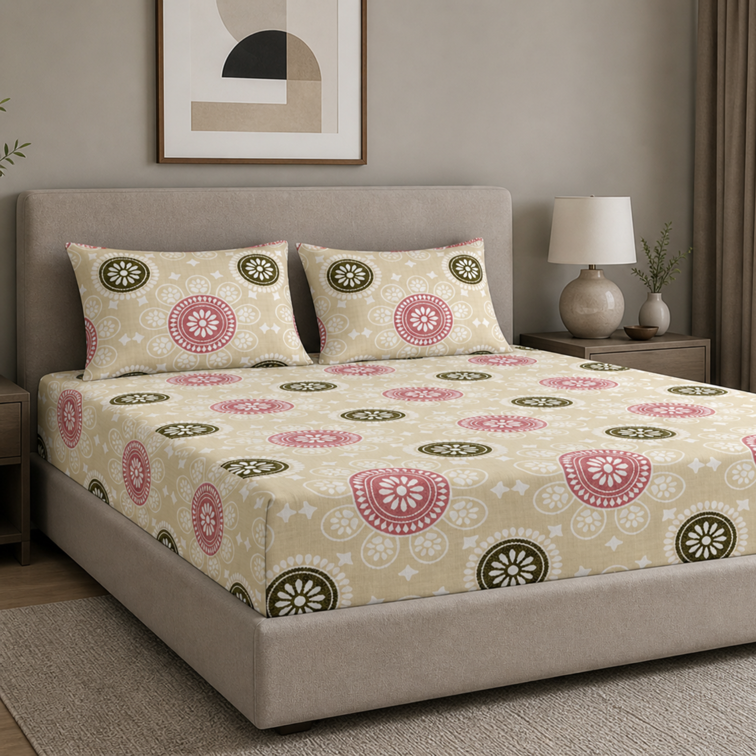 Komfy Beige Mandala Printed Double Bedsheet with Pillow Covers