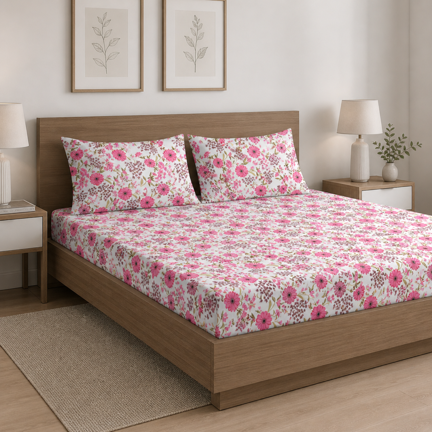 Sukoon Pink Floral Printed Double Bedsheet with 2 Pillow Covers