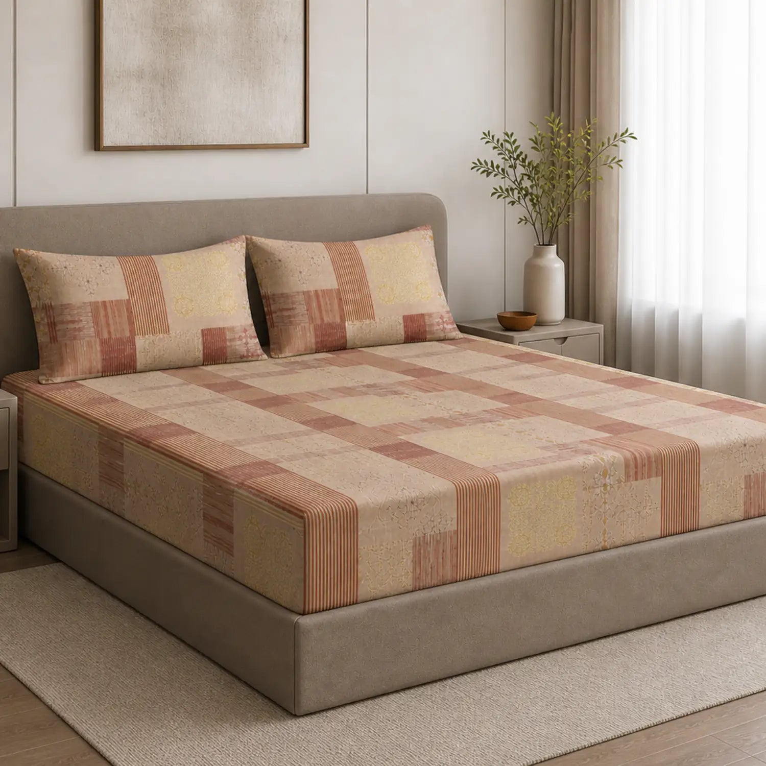 Nivra Beige Geometric Printed Double Bedsheet with 2 Pillow Covers – Elegant Contemporary Design