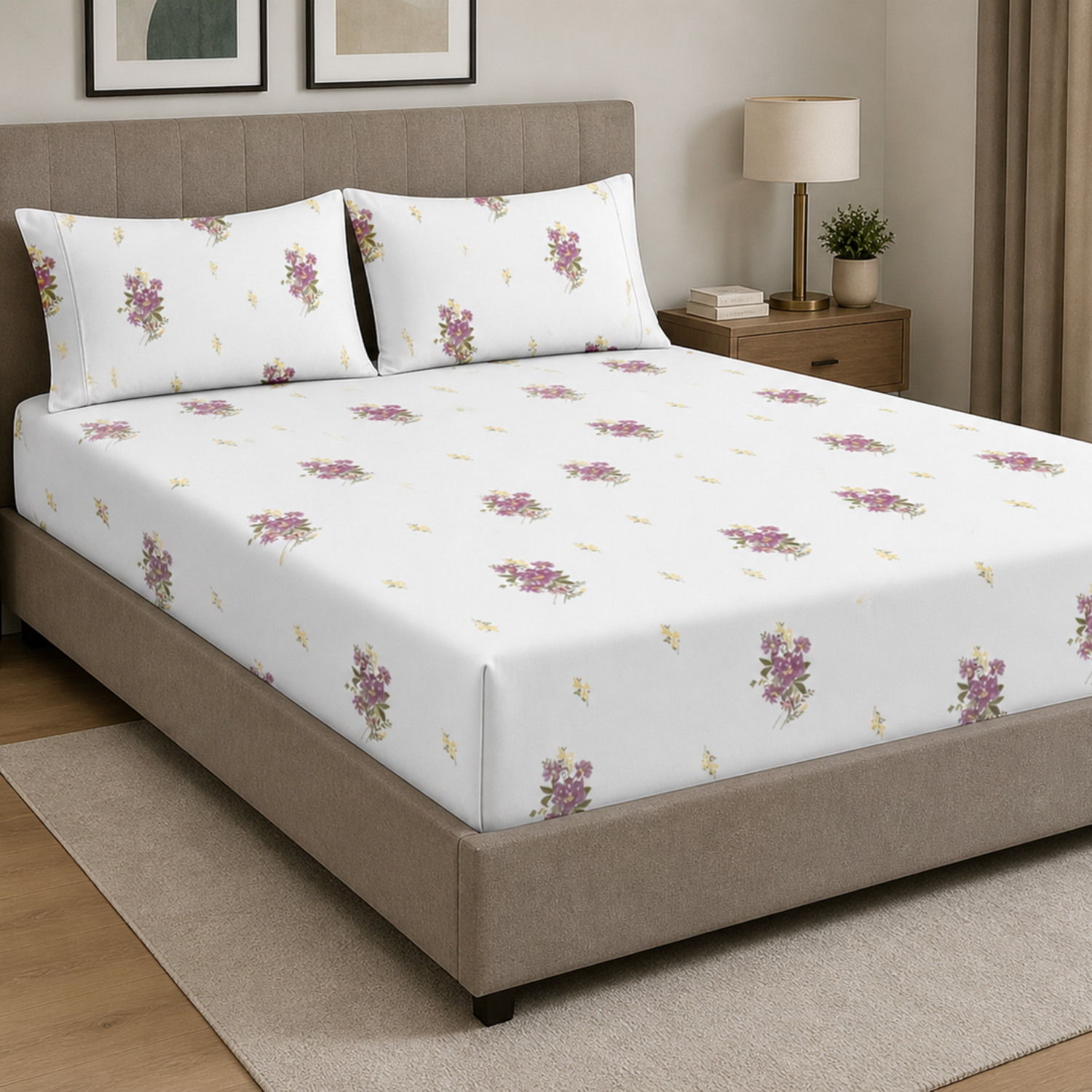 Sukoon Minimal Pink Floral Double Bedsheet with 2 Pillow Covers – Soft Cotton Blend Bedding Set