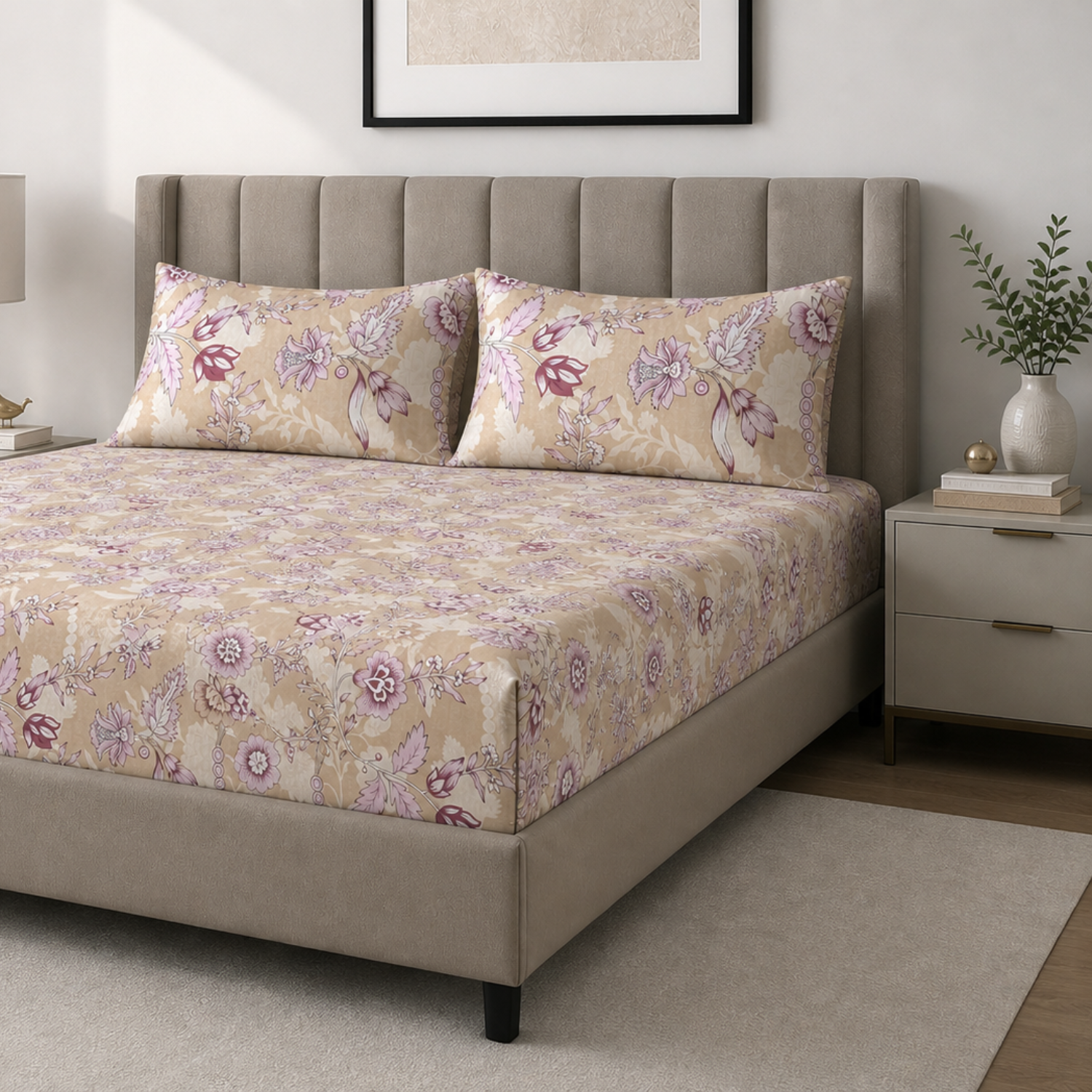 Aroha Beige Floral Printed Double Bedsheet with 2 Pillow Covers