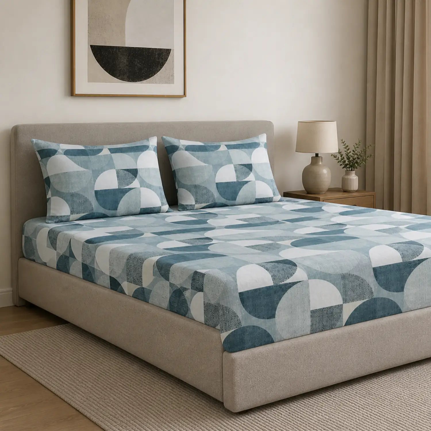 Komfy Premium Geometric Printed Double Bedsheet with 2 Pillow Covers – Blue & Grey Abstract Design
