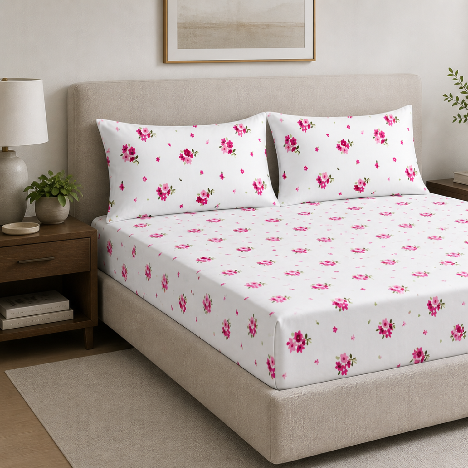 Sukoon Pink Floral Printed Double Bedsheet with 2 Pillow Covers