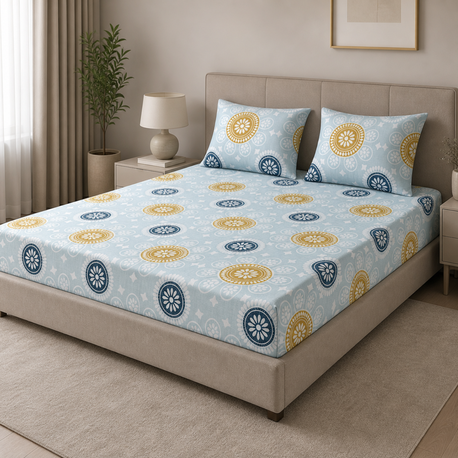 Komfy Blue & Mustard Mandala Printed Double Bedsheet with Pillow Covers