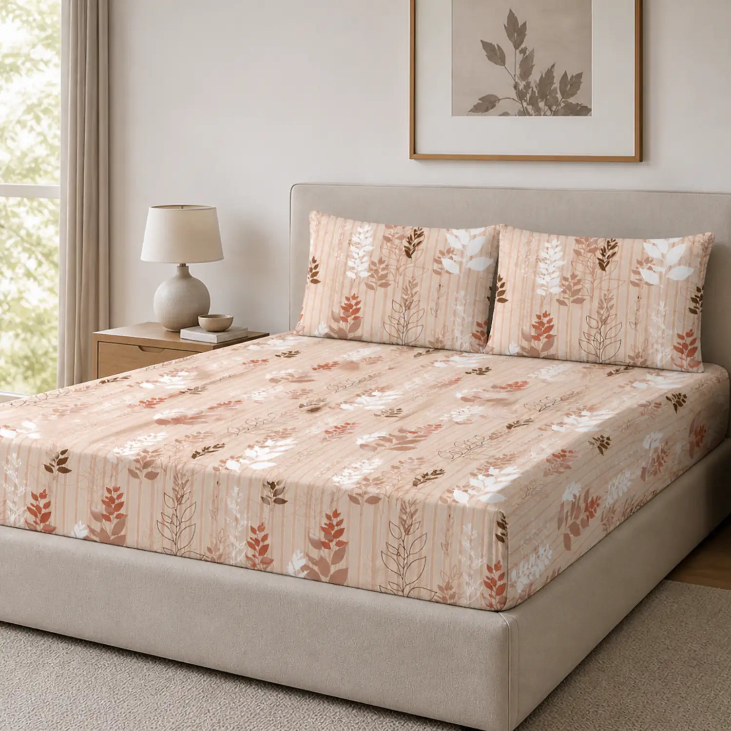 Nivra Peach Botanical Printed Double Bedsheet with 2 Pillow Covers – Elegant Floral Leaf Design