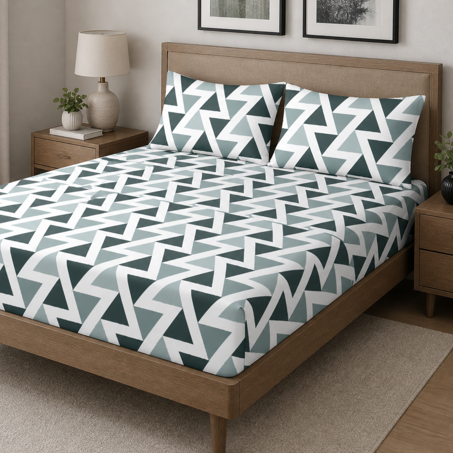 Aroha Grey Teal Geometric Printed Double Bedsheet with 2 Pillow Covers