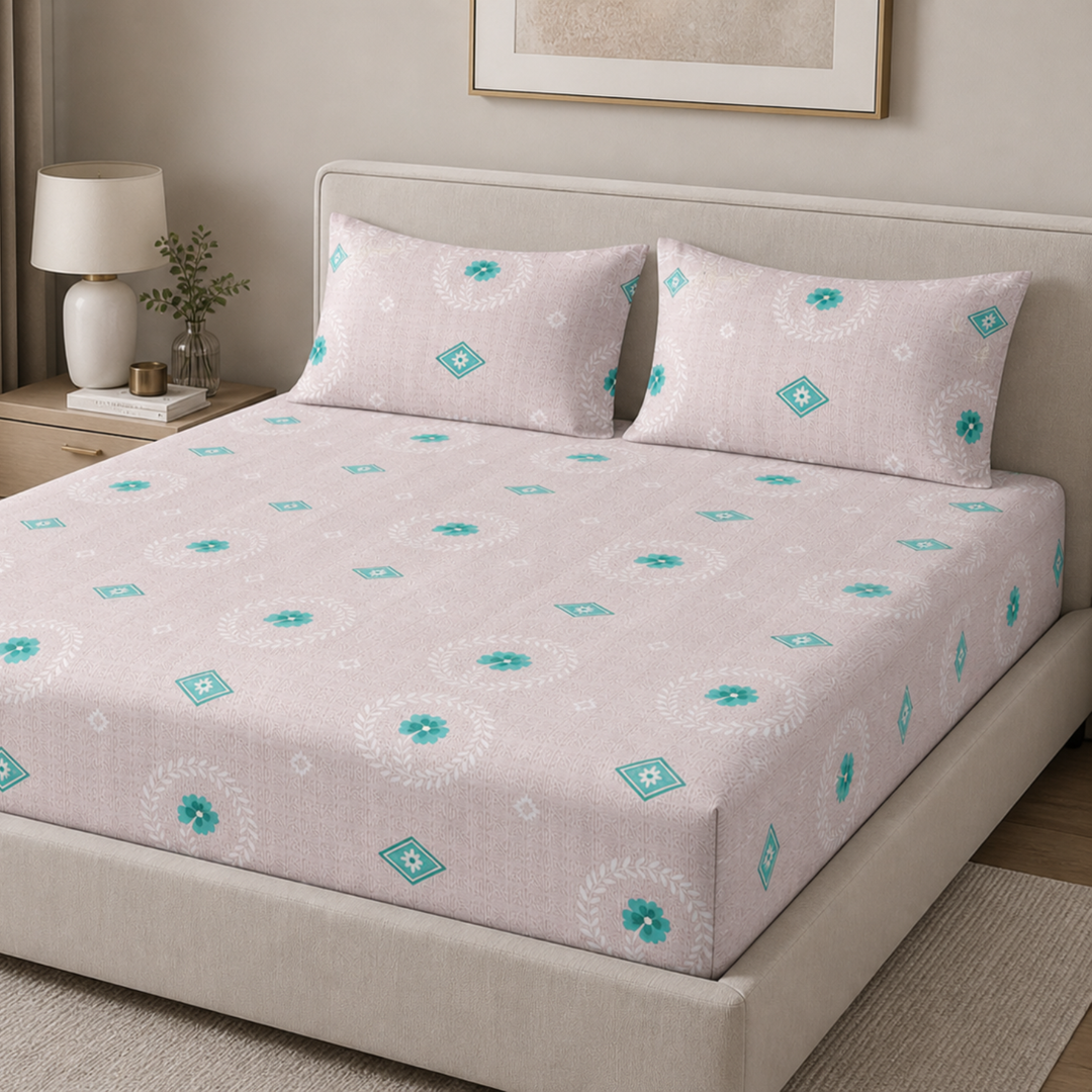 Komfy Soft Pink Floral Printed Double Bedsheet with Pillow Covers