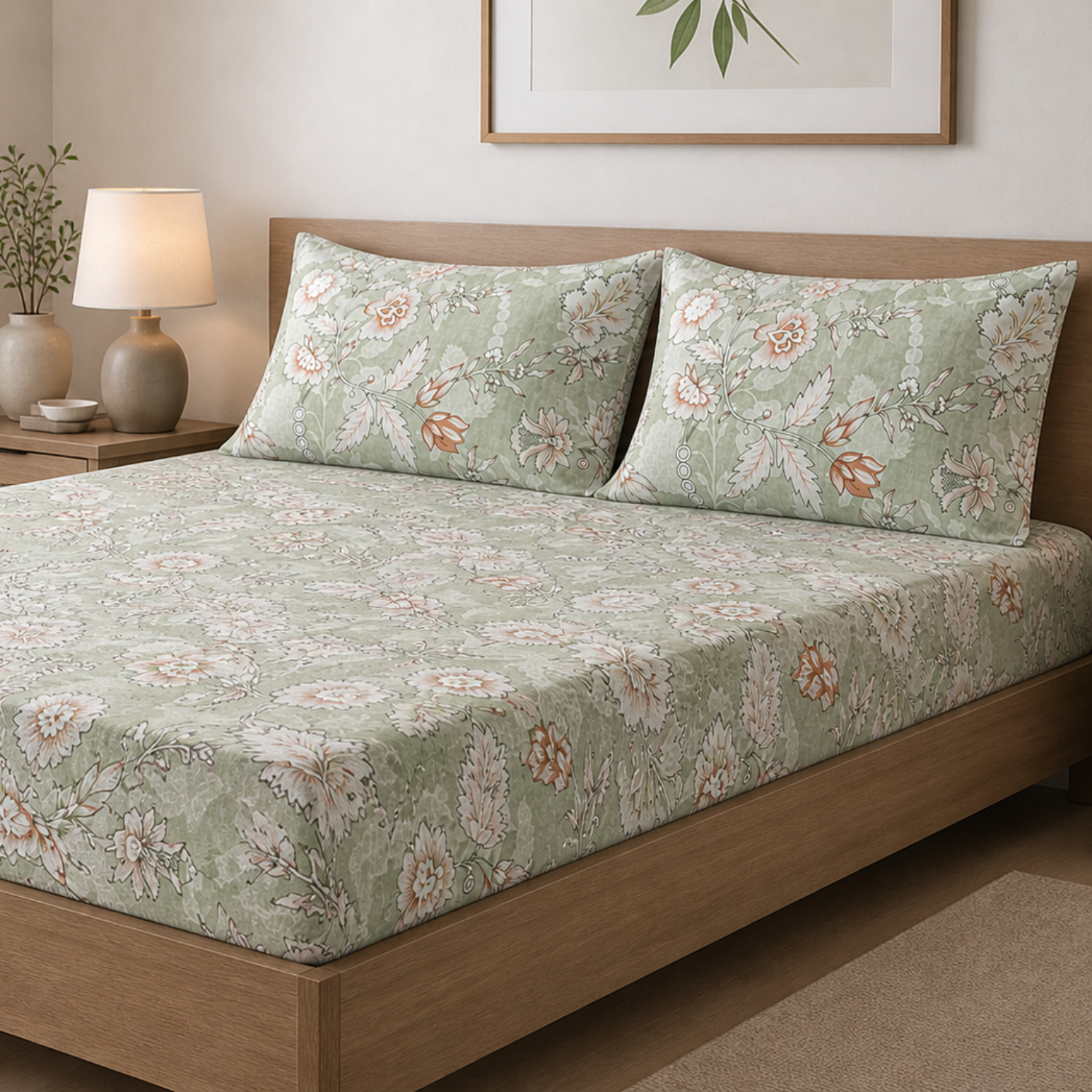 Aroha Floral Sage Green Bedsheet with 2 Pillow Covers – Soft Double Bed Bedding Set