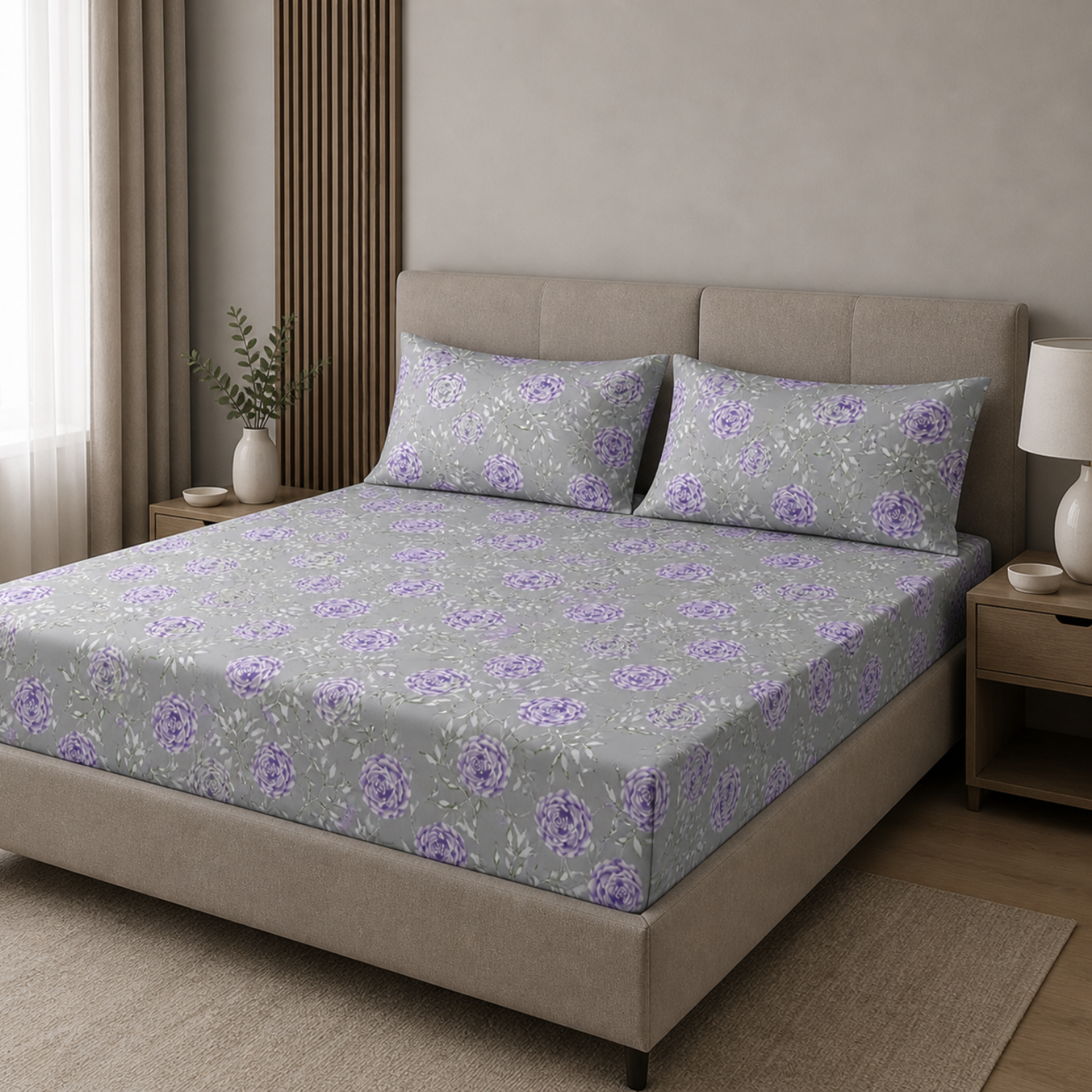 Komfy Grey Lavender Floral Double Bedsheet with Pillow Covers