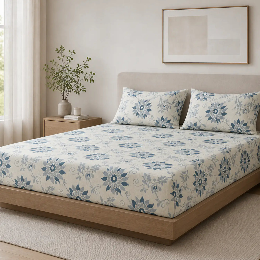 Nivra Blue Floral Printed Double Bedsheet with 2 Pillow Covers – Elegant Contemporary Design