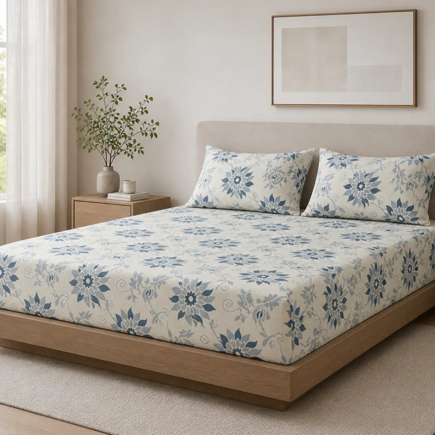 Nivra Blue Floral Printed Double Bedsheet with 2 Pillow Covers – Elegant Contemporary Design