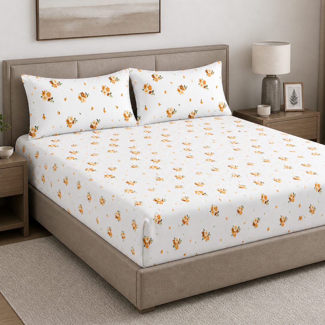Sukoon Orange Floral Printed Double Bedsheet with 2 Pillow Covers