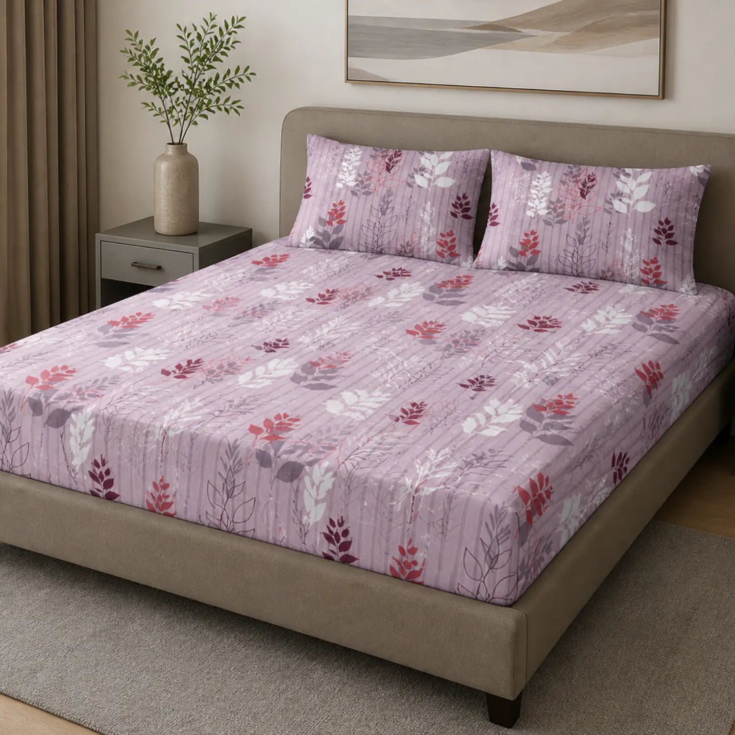 Nivra Lavender Floral Printed Double Bedsheet with 2 Pillow Covers – Elegant Leaf Pattern