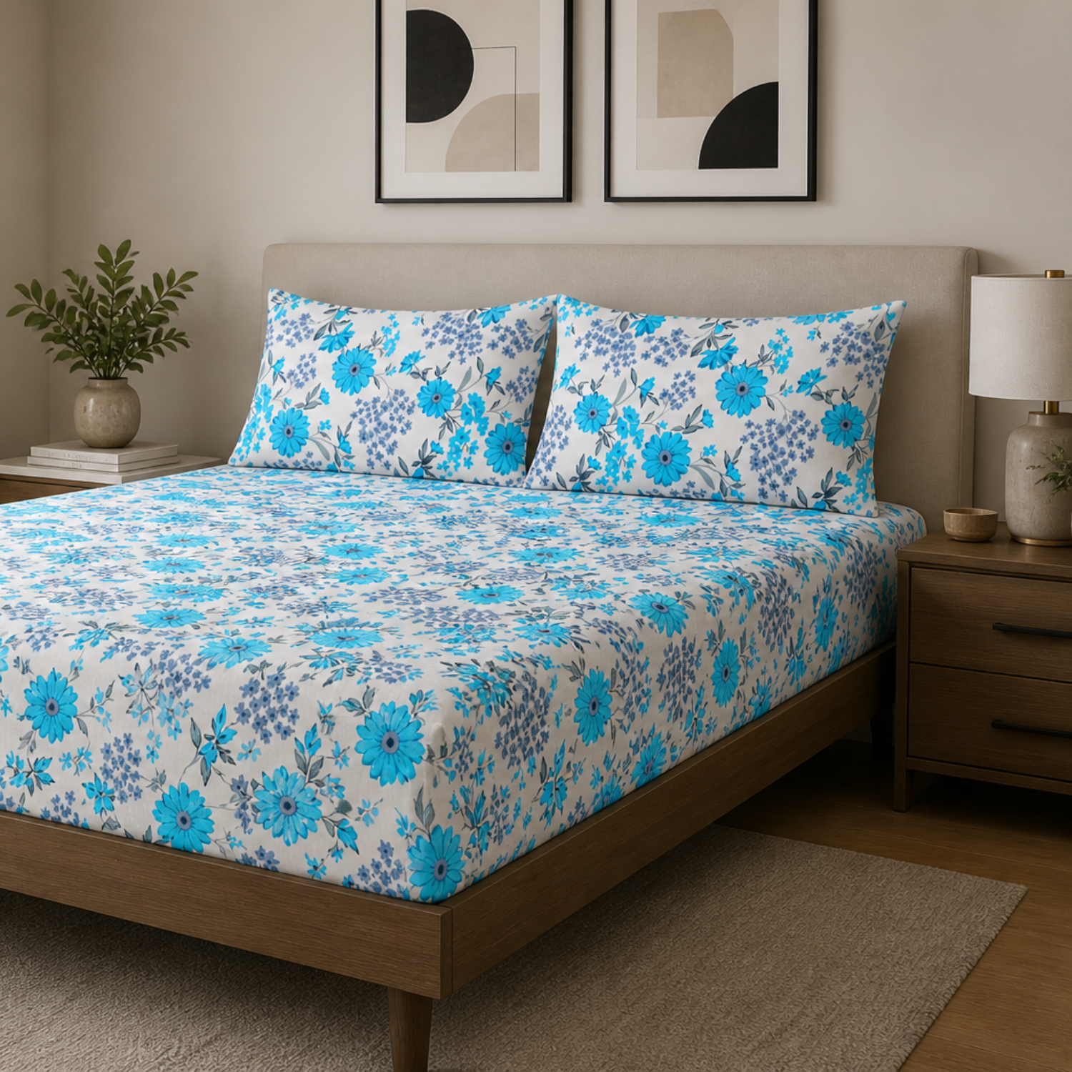 Sukoon Blue Floral Printed Double Bedsheet with 2 Pillow Covers