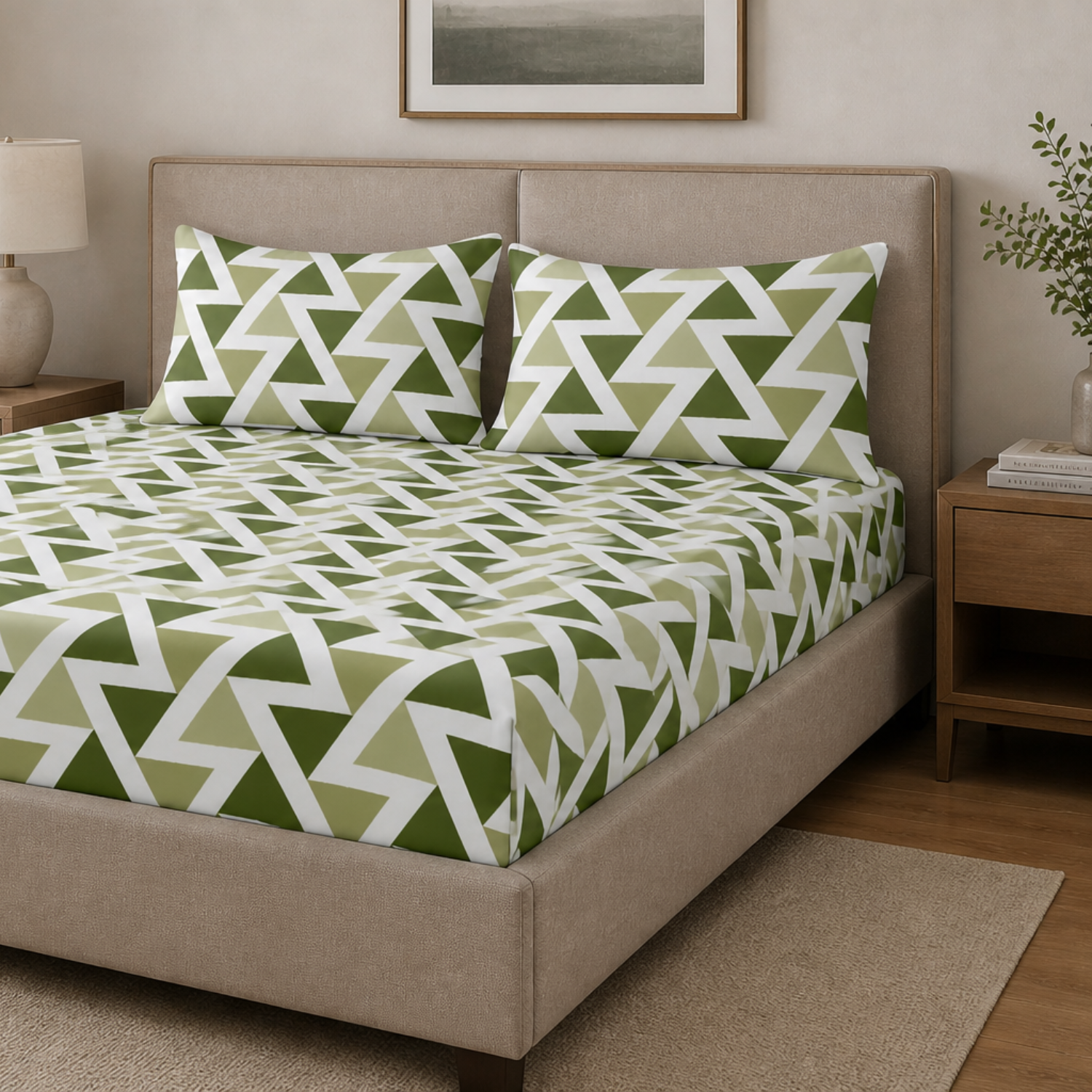 Aroha Green Geometric Printed Double Bedsheet with 2 Pillow Covers