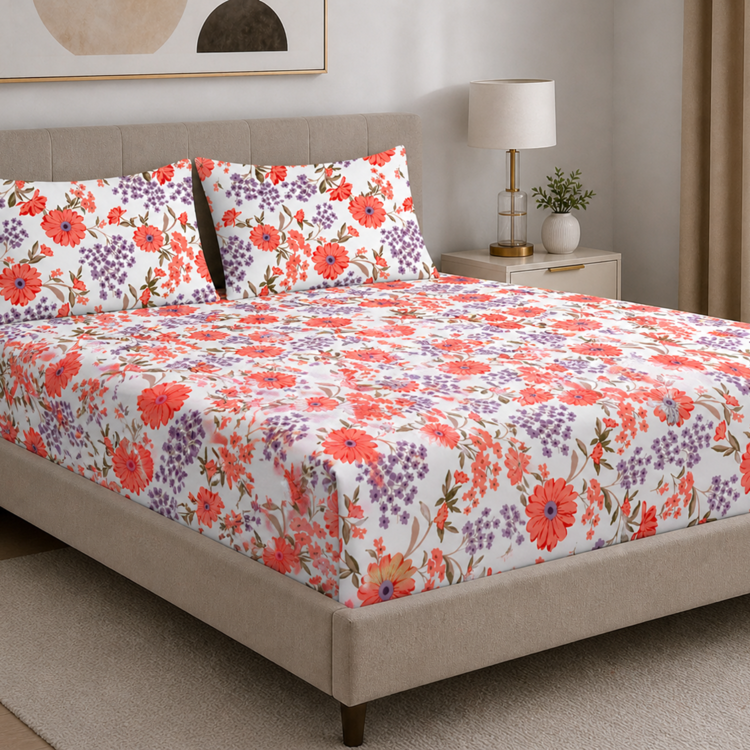 Sukoon Premium Floral Printed Double Bedsheet with 2 Pillow Covers – Red & Lavender Flower Design