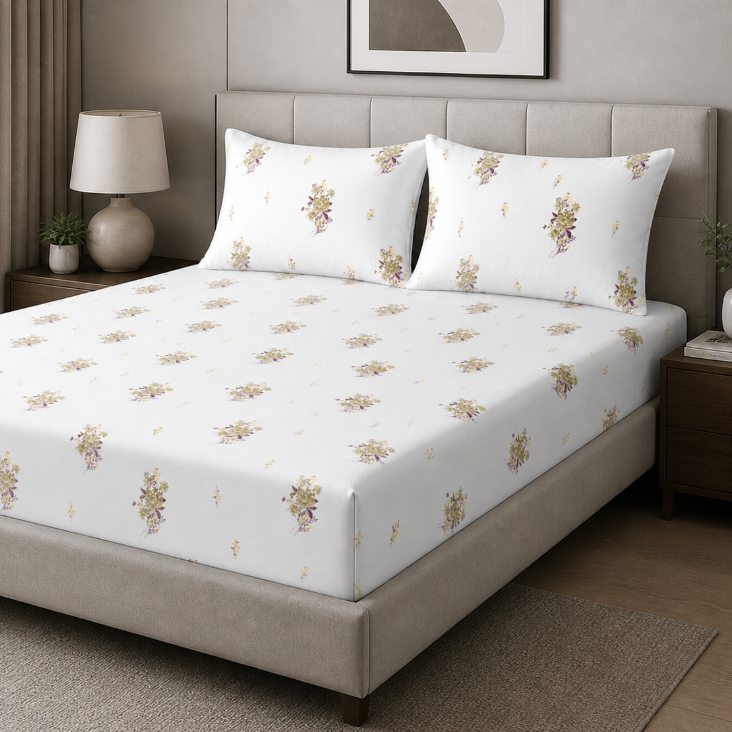 Sukoon Minimal Floral Printed Double Bedsheet with 2 Pillow Covers – White & Olive Floral Design