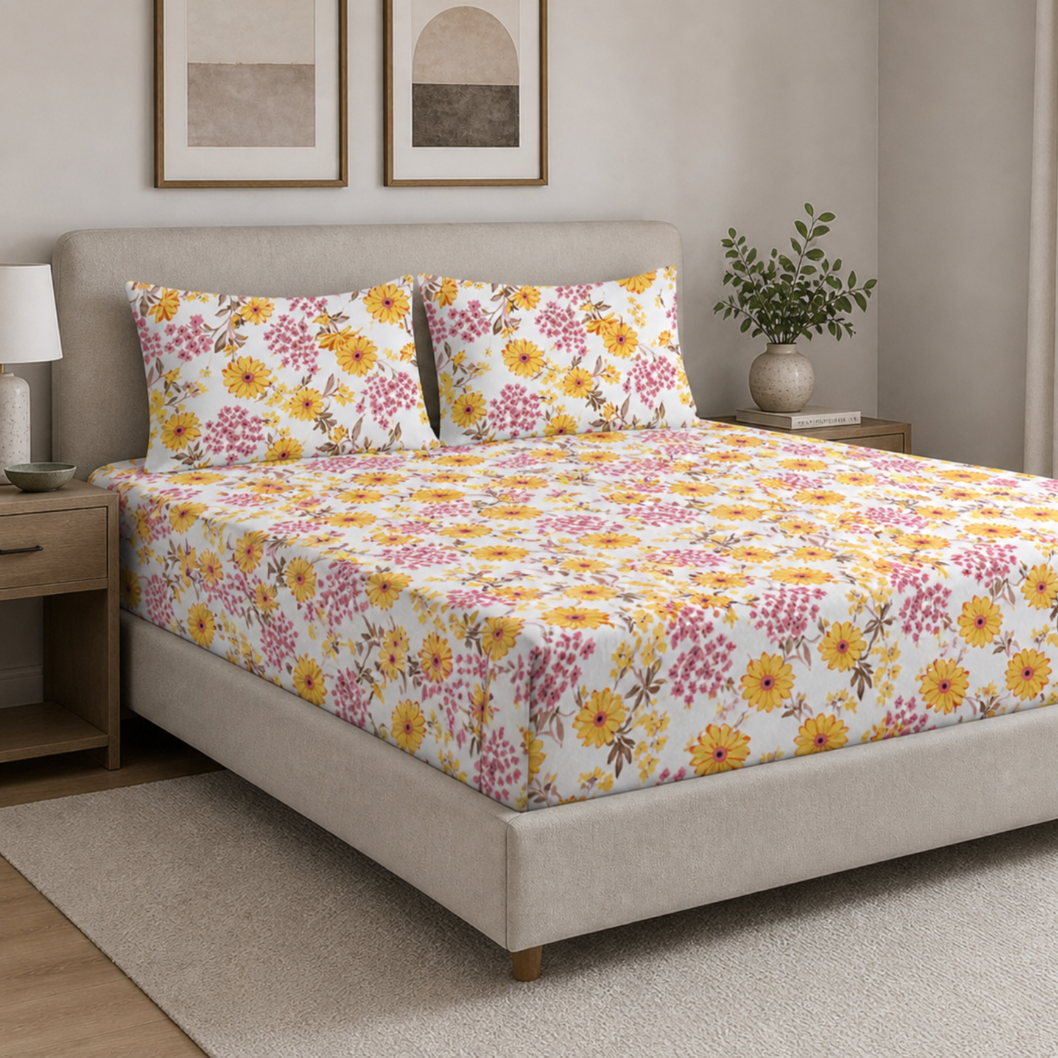 Sukoon Yellow Floral Printed Double Bedsheet with 2 Pillow Covers